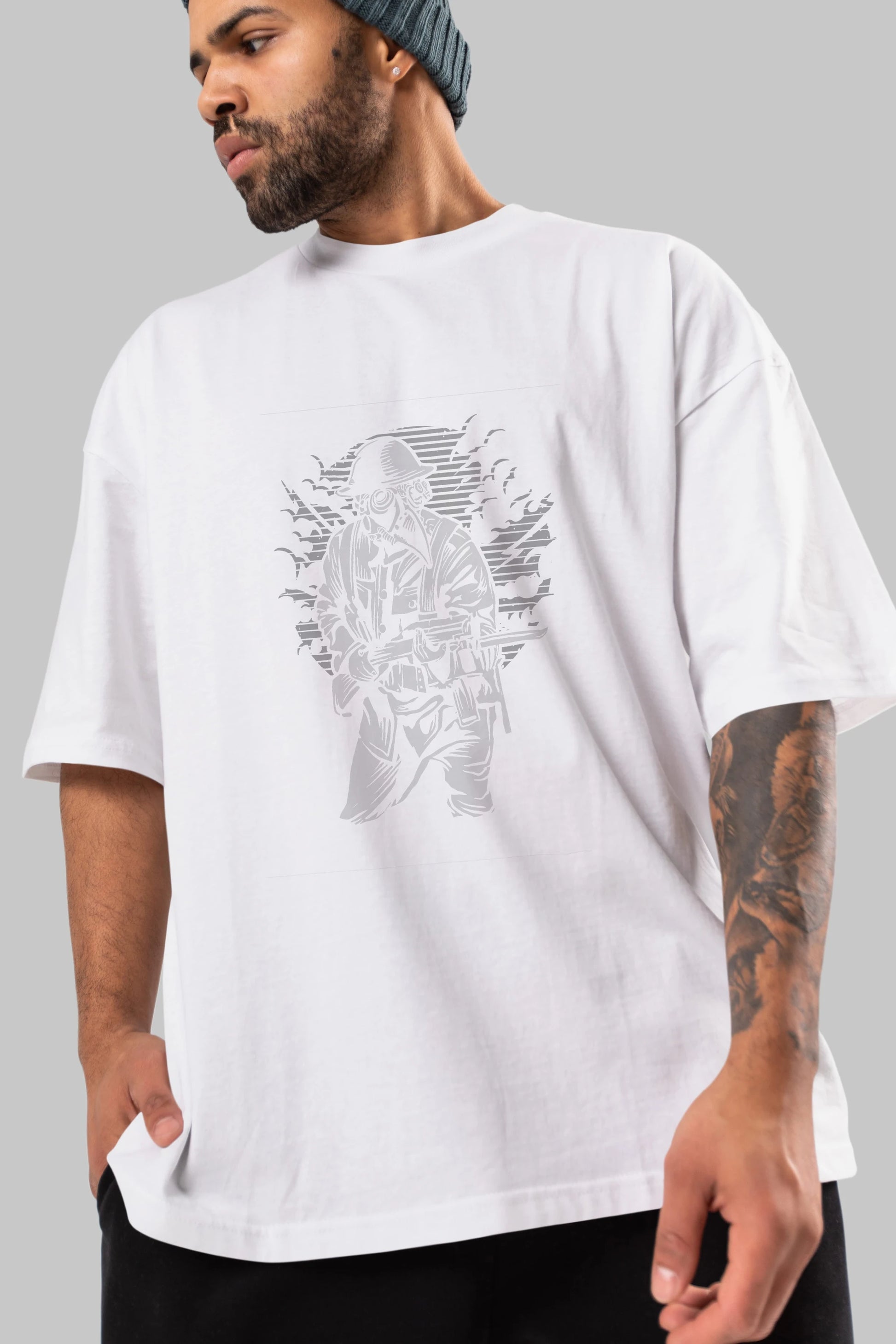 Steampunk Style Soldier Ön Baskılı Oversize t-shirt Erkek Kadın Unisex %100 Pamuk tişort