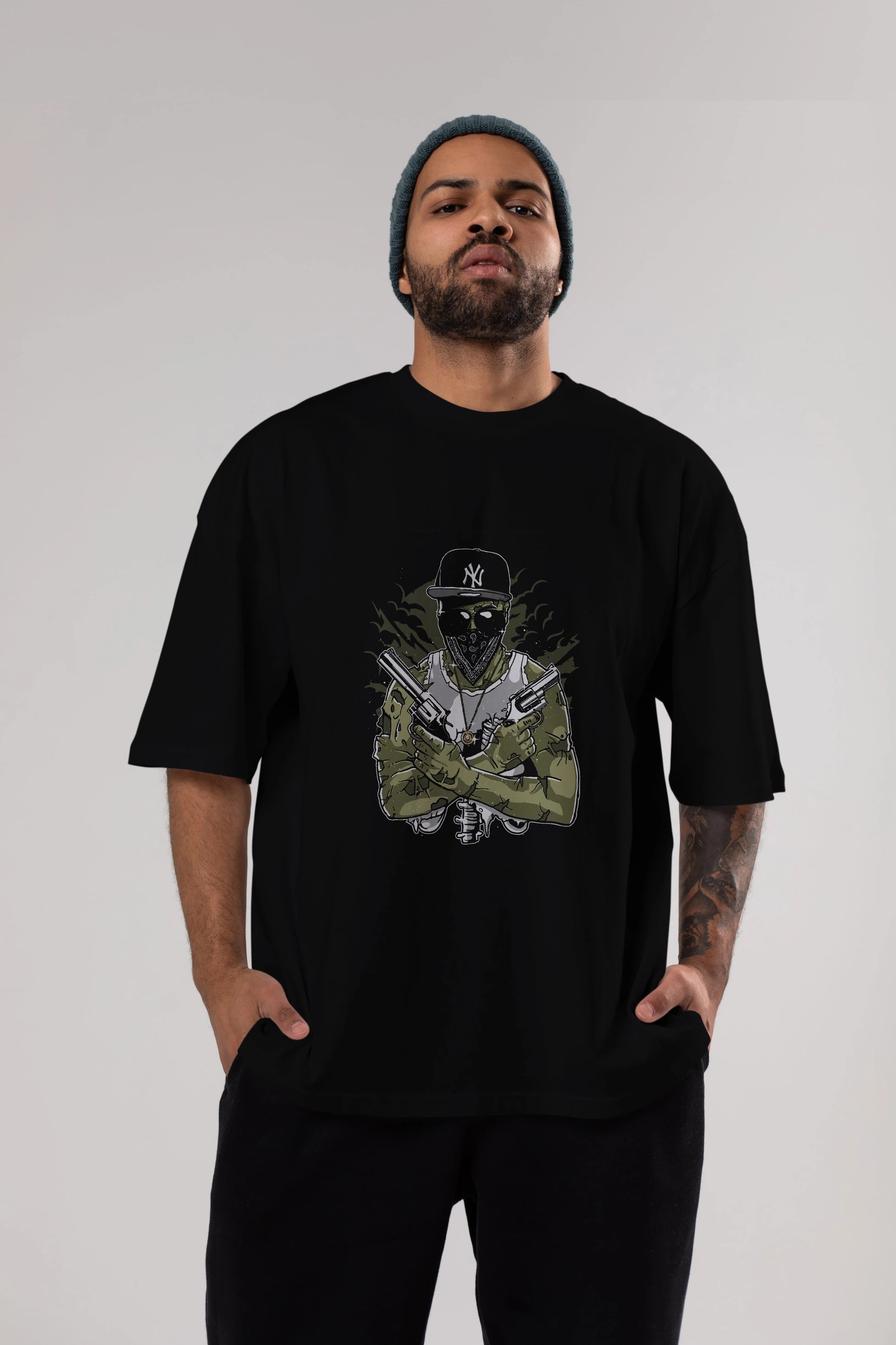 Gangsta Zombie Ön Baskılı Oversize t-shirt Erkek Kadın Unisex %100 Pamuk tişort