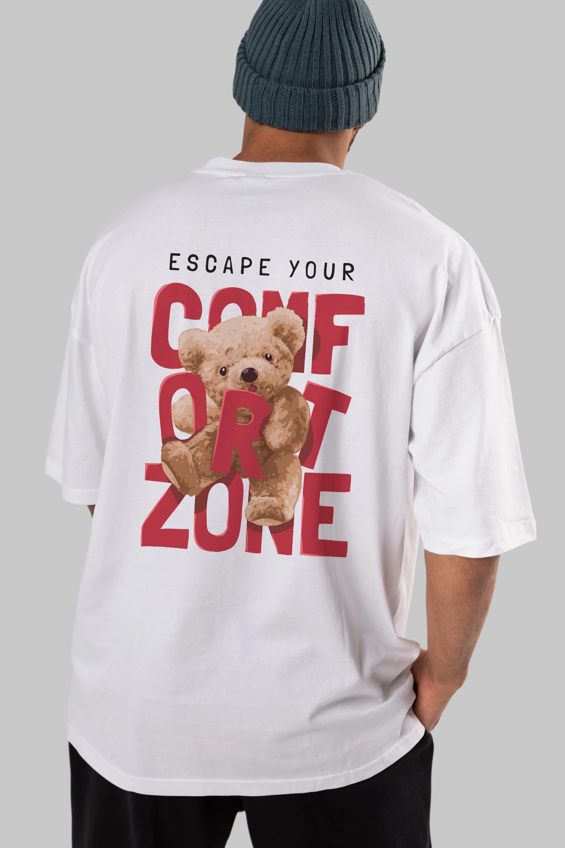 Teddy Bear Escape Comfort Zone Arka Baskılı Oversize t-shirt Erkek Kadın Unisex %100 Pamuk