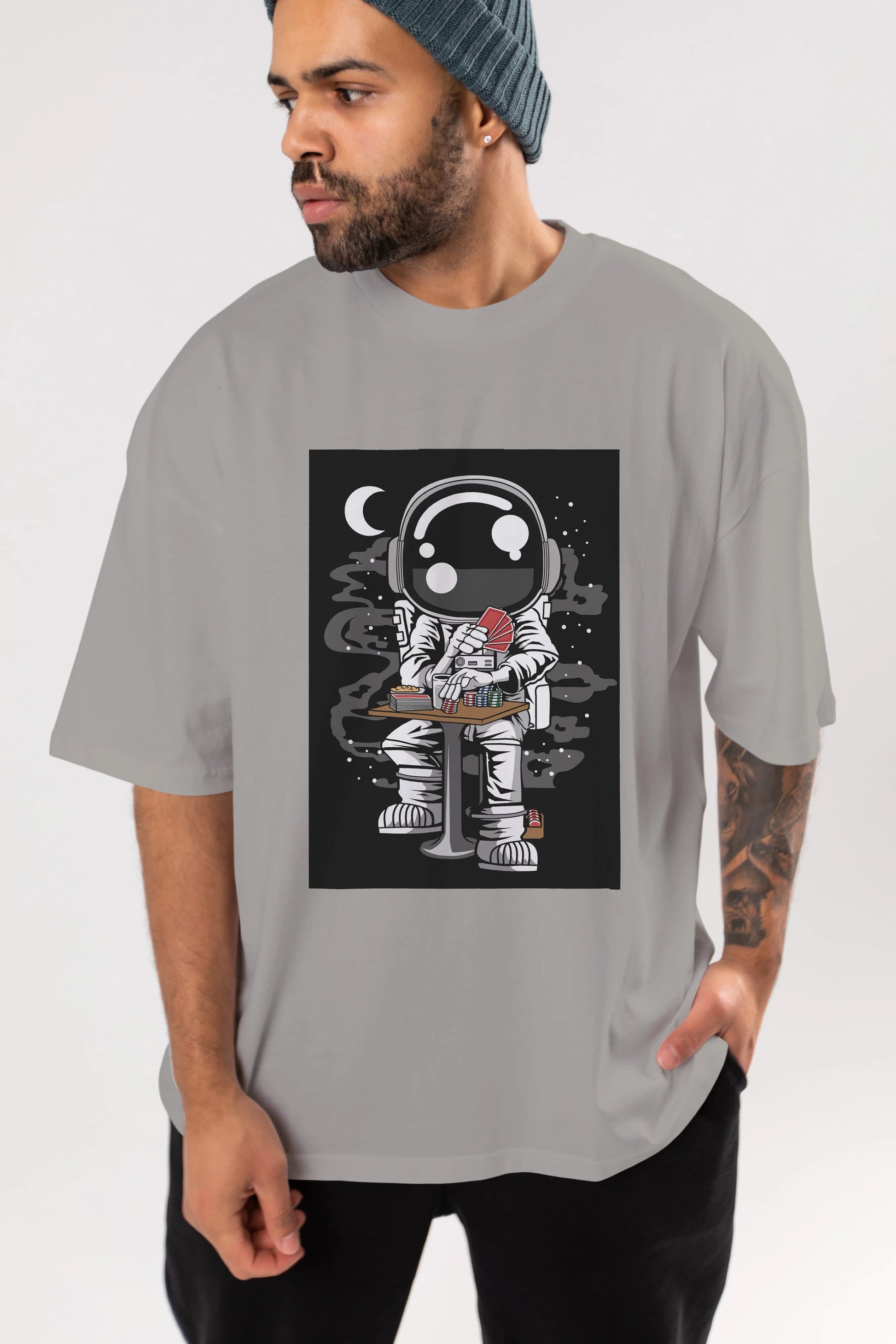 Astronaut Gambler Ön Baskılı Oversize t-shirt Erkek Kadın Unisex