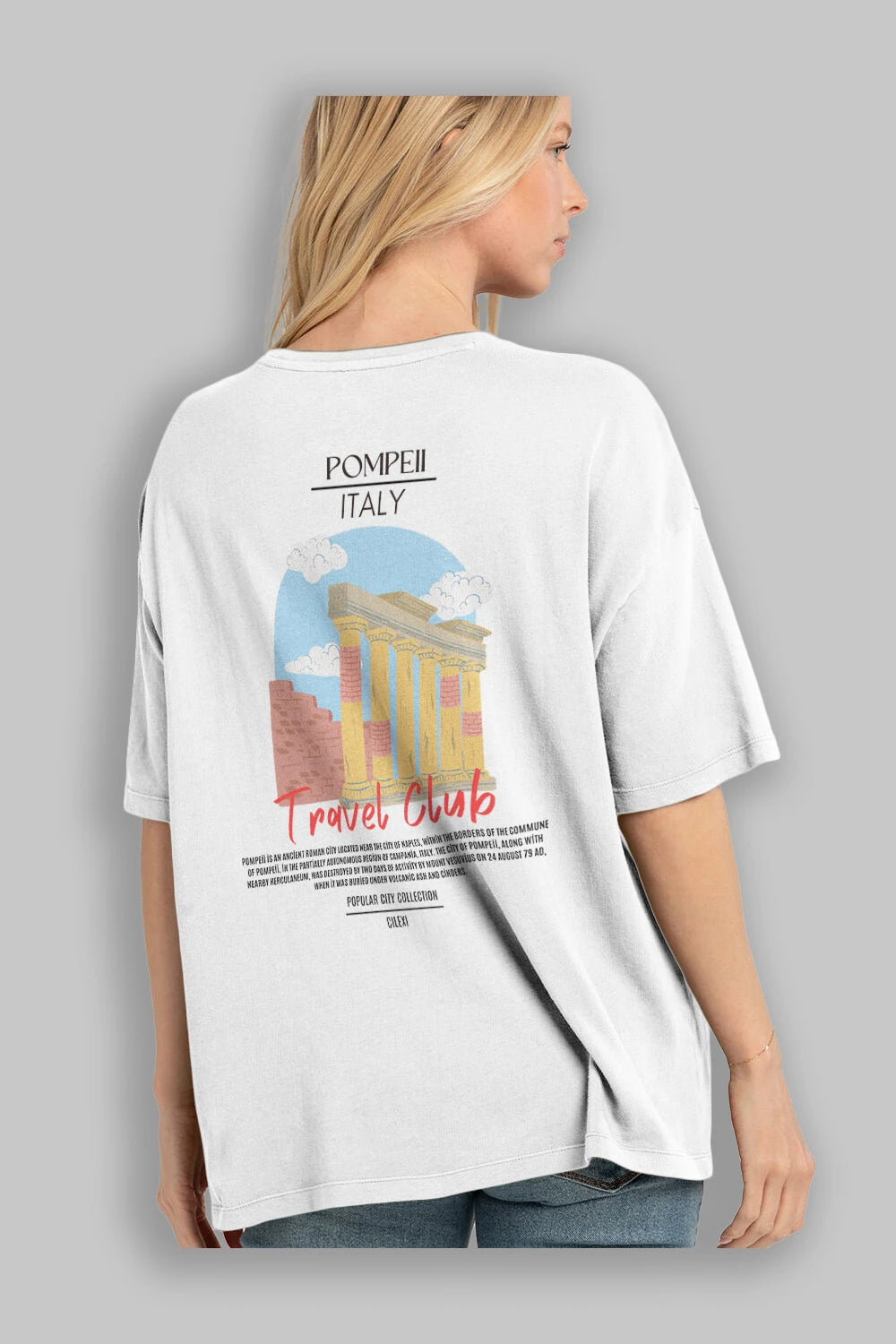 Pompeii İtaly Arka Baskılı Oversize t-shirt Erkek Kadın Pamuk Bisiklet Yaka tişort