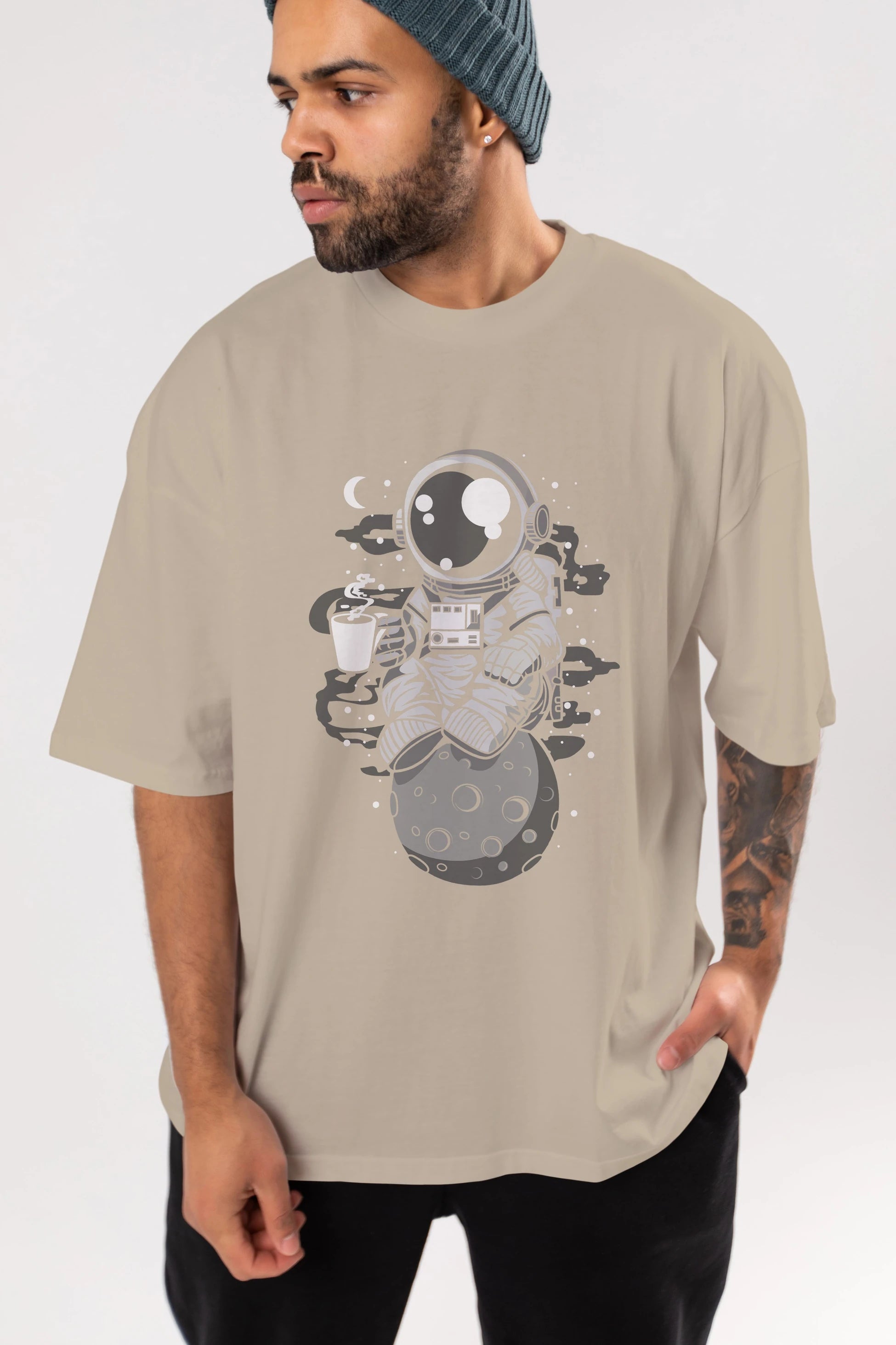 Astronaut Coffee Ön Baskılı Oversize t-shirt Erkek Kadın Unisex