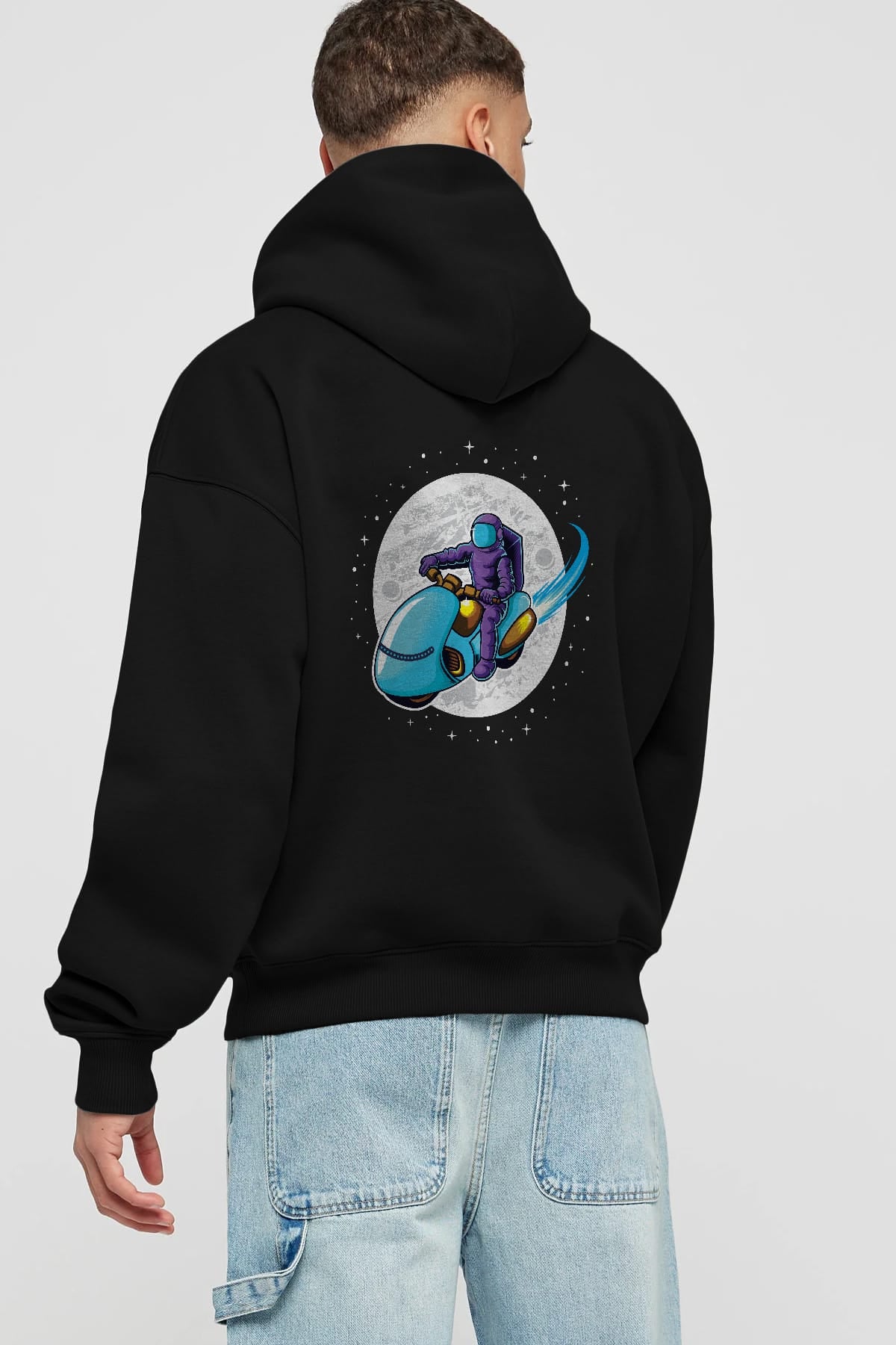 Astrorider in Space Arka Baskılı Hoodie Oversize Kapüşonlu Sweatshirt Erkek Kadın Unisex