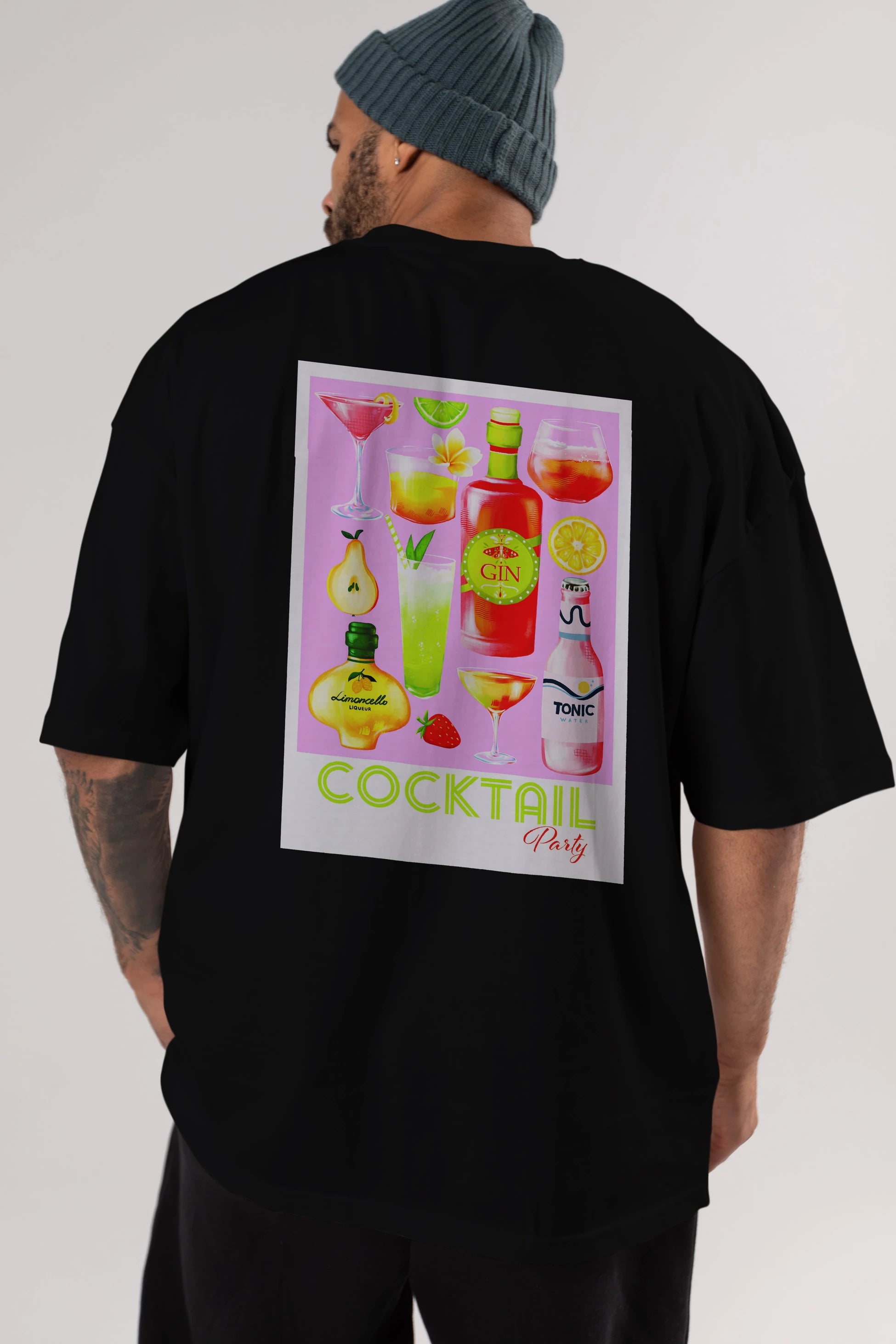 Cocktail Party Arka Baskılı Oversize t-shirt Erkek Kadın Unisex %100 Pamuk Bisiklet Yaka tişort