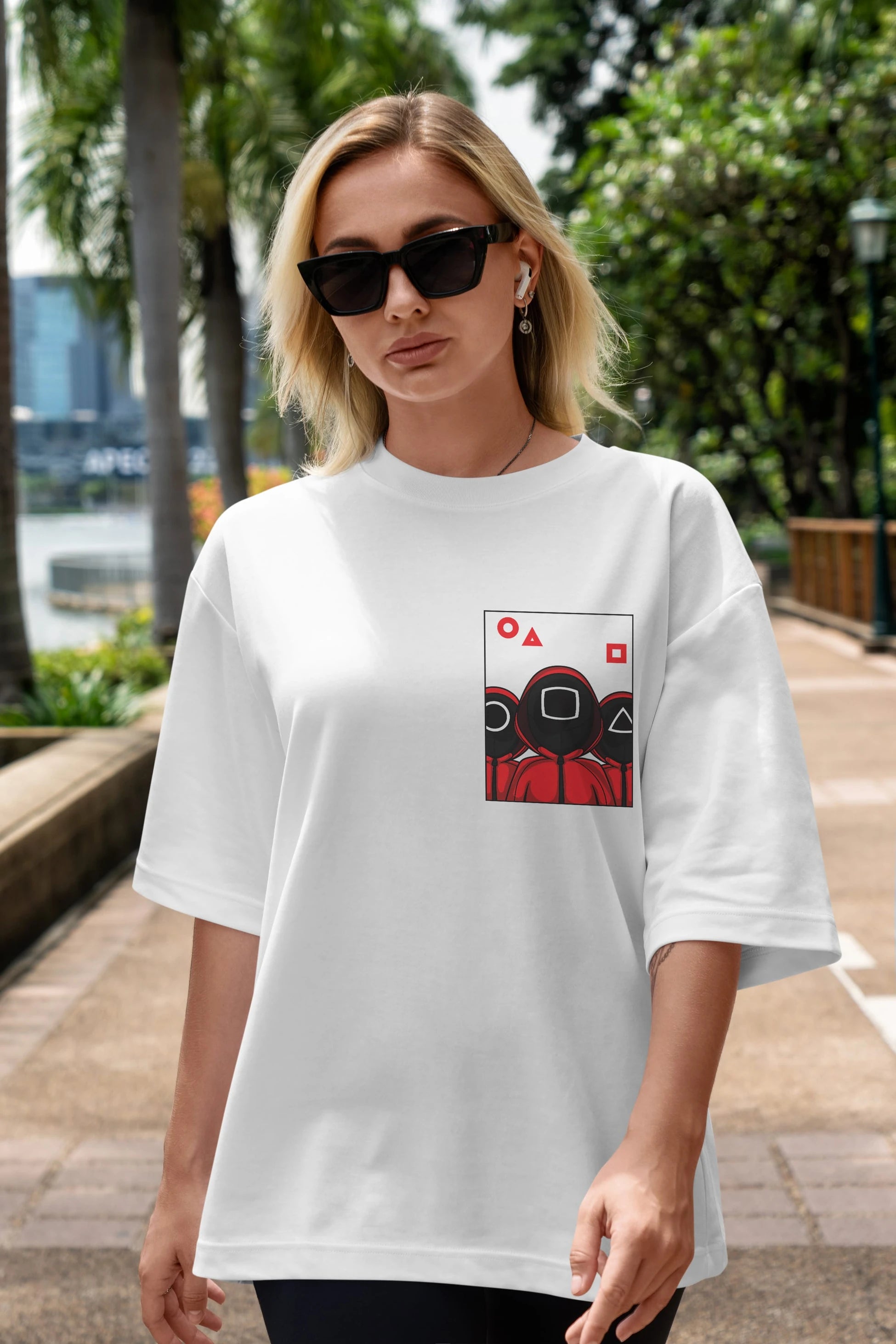 Squid Game (7) Ön Sol Baskılı Oversize t-shirt Erkek Kadın Unisex %100 Pamuk Bisiklet Yaka tişort