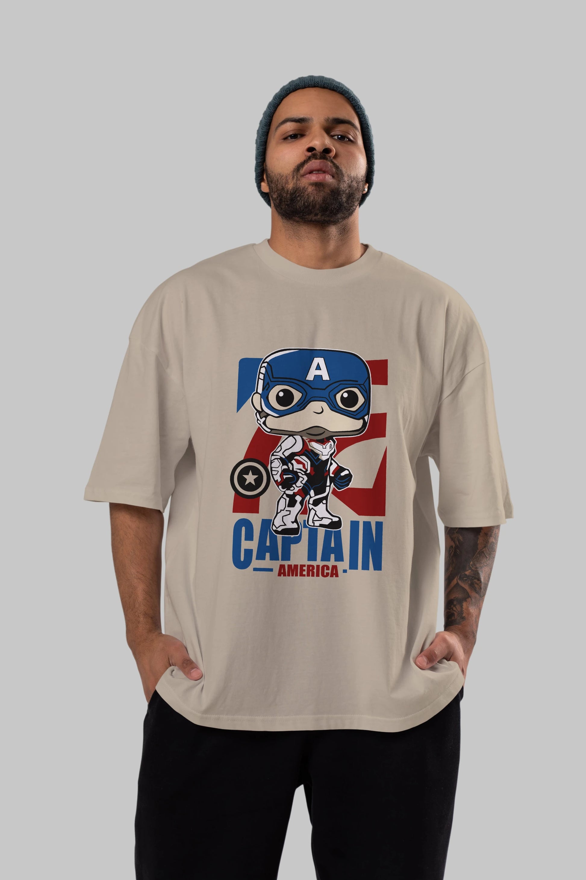 Captain America Ön Baskılı Oversize t-shirt Erkek Kadın Unisex %100 Pamuk Bisiklet Yaka tişort