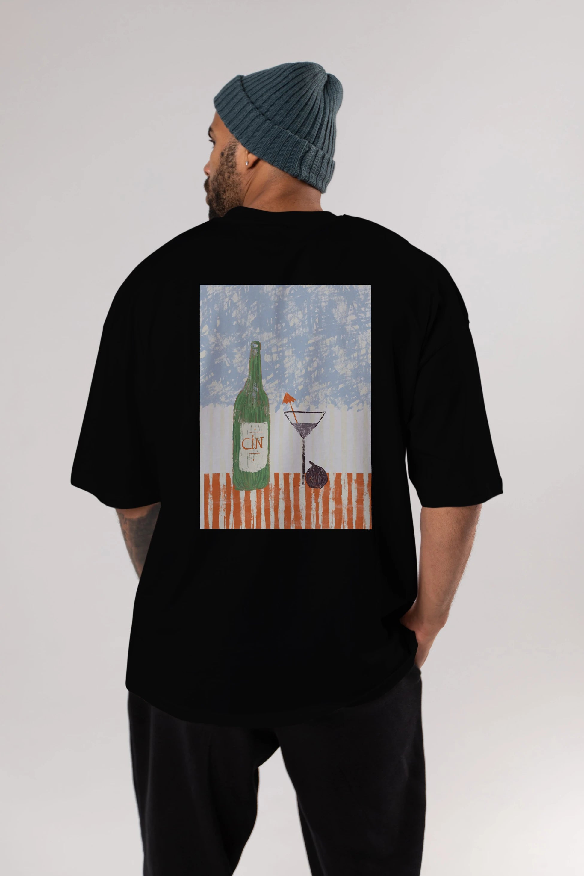Gin Arka Baskılı Oversize t-shirt Erkek Kadın Unisex %100 Pamuk Bisiklet Yaka tişort