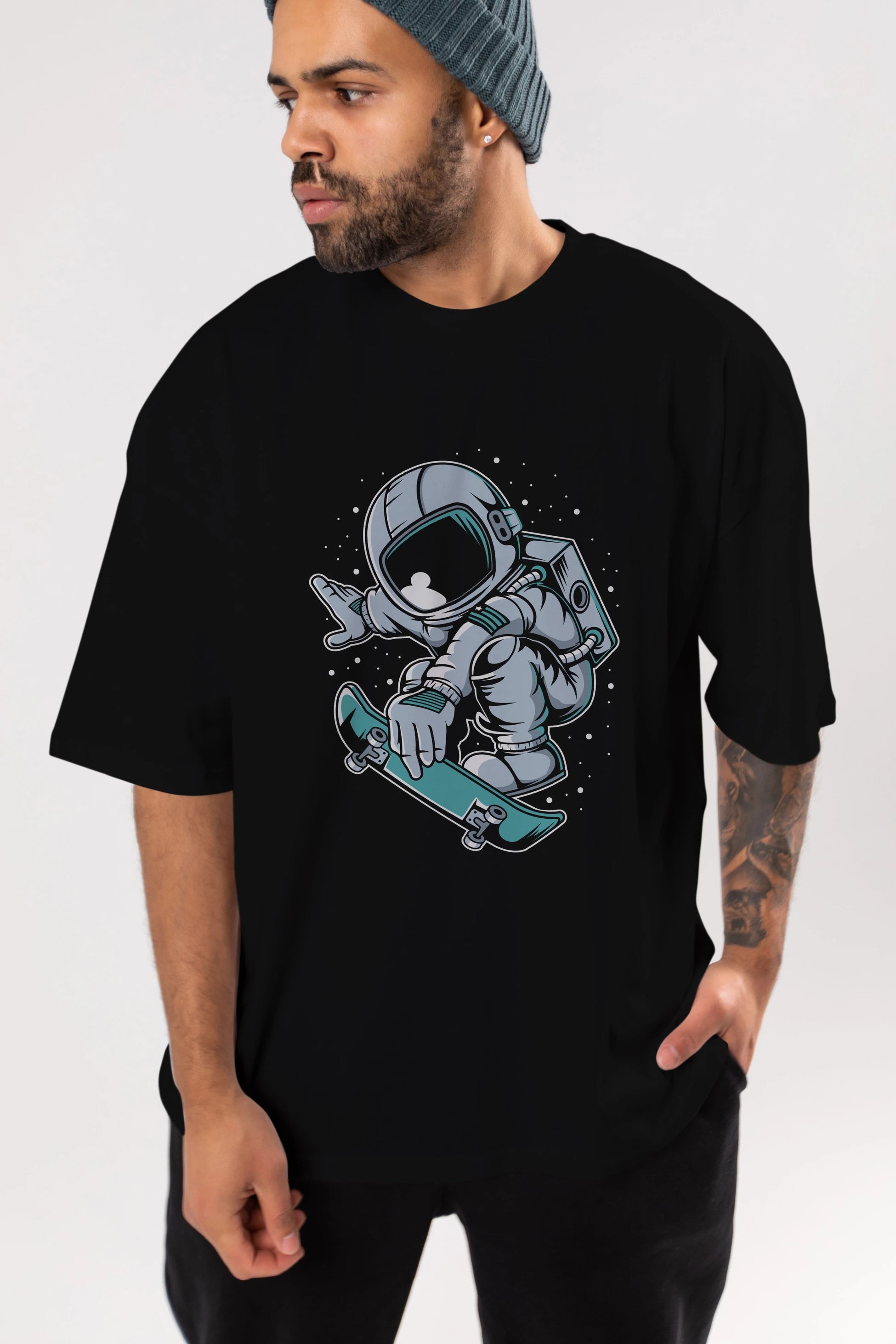 Astronaut Skateboard Jump Ön Baskılı Oversize t-shirt Erkek Kadın Unisex