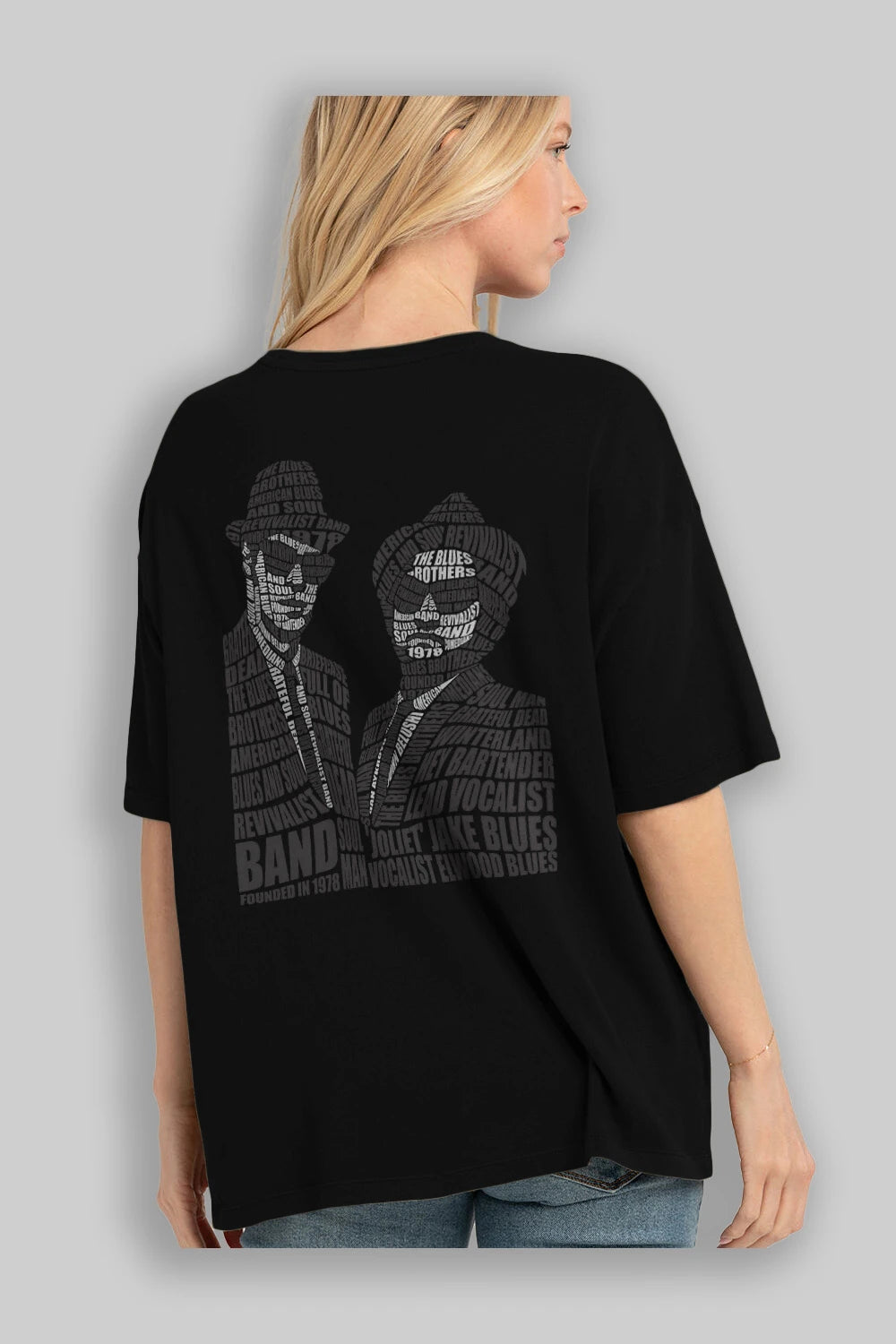 Blues Brothers Calligram Arka Baskılı Oversize t-shirt %100 pamuk Erkek Kadın Unisex
