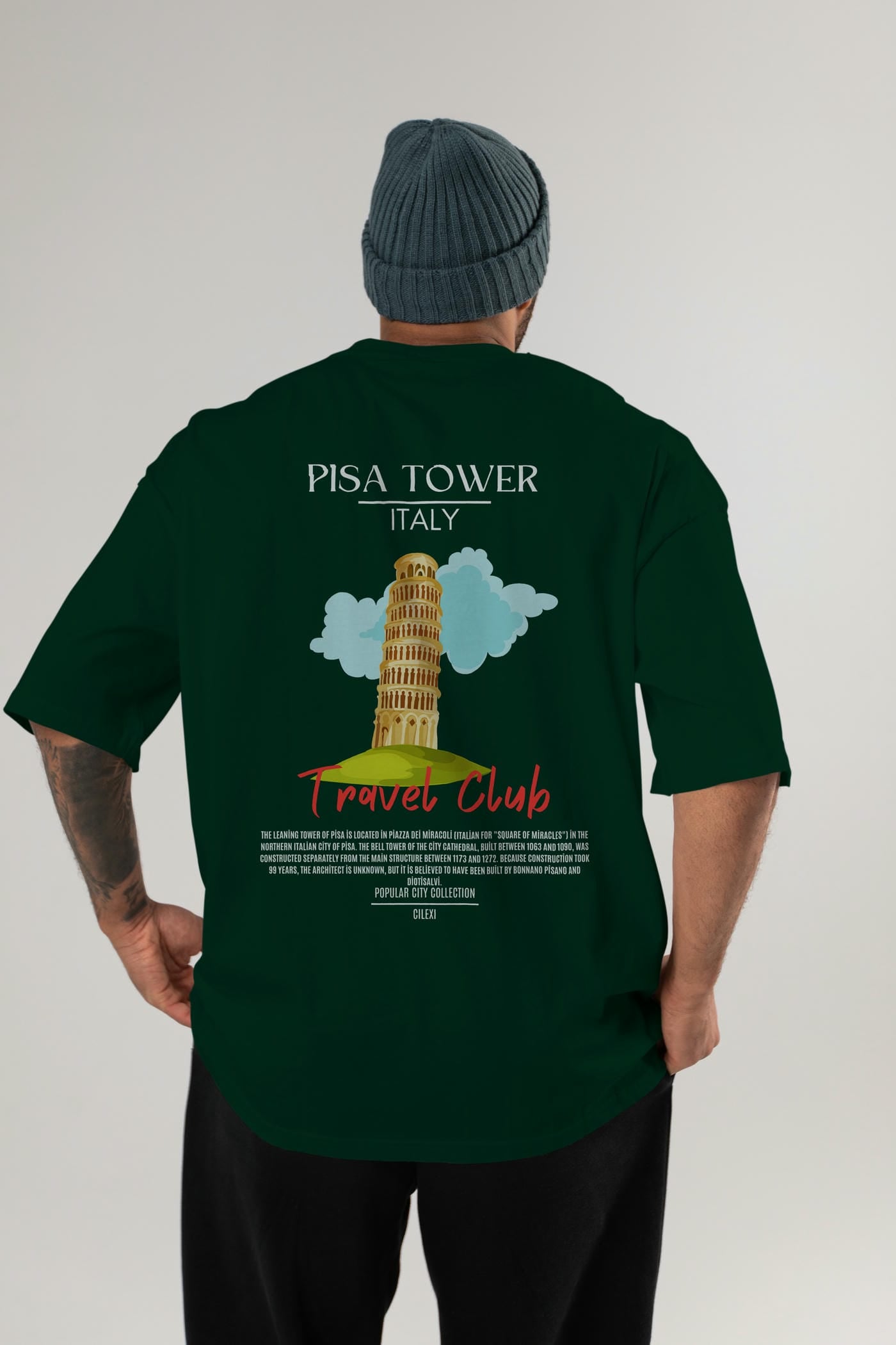 Pisa Tower İtaly Arka Baskılı Oversize t-shirt Erkek Kadın Pamuk Bisiklet Yaka tişort