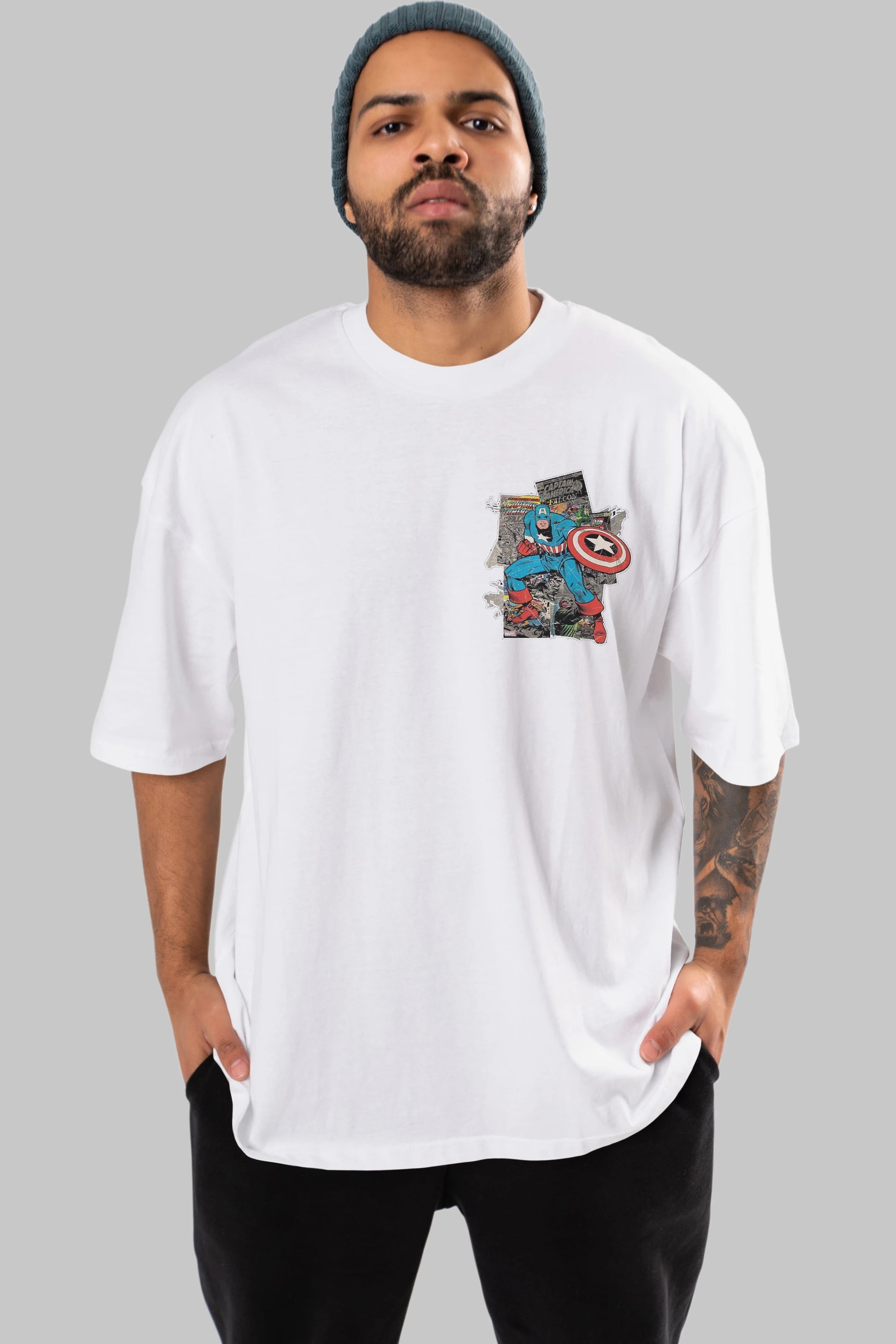 Captain America (2) Ön Sol Baskılı Oversize t-shirt Erkek Kadın Unisex %100 Pamuk Bisiklet Yaka tişort