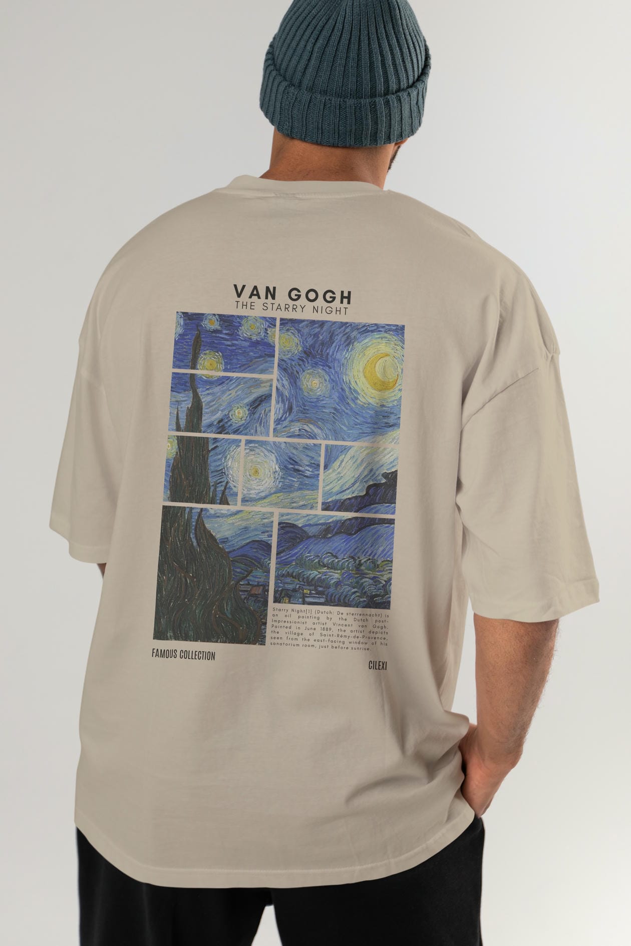 Van Gogh The Starry Night Arka Baskılı Oversize t-shirt Erkek Kadın Bisiklet Yaka Pamuk tişort
