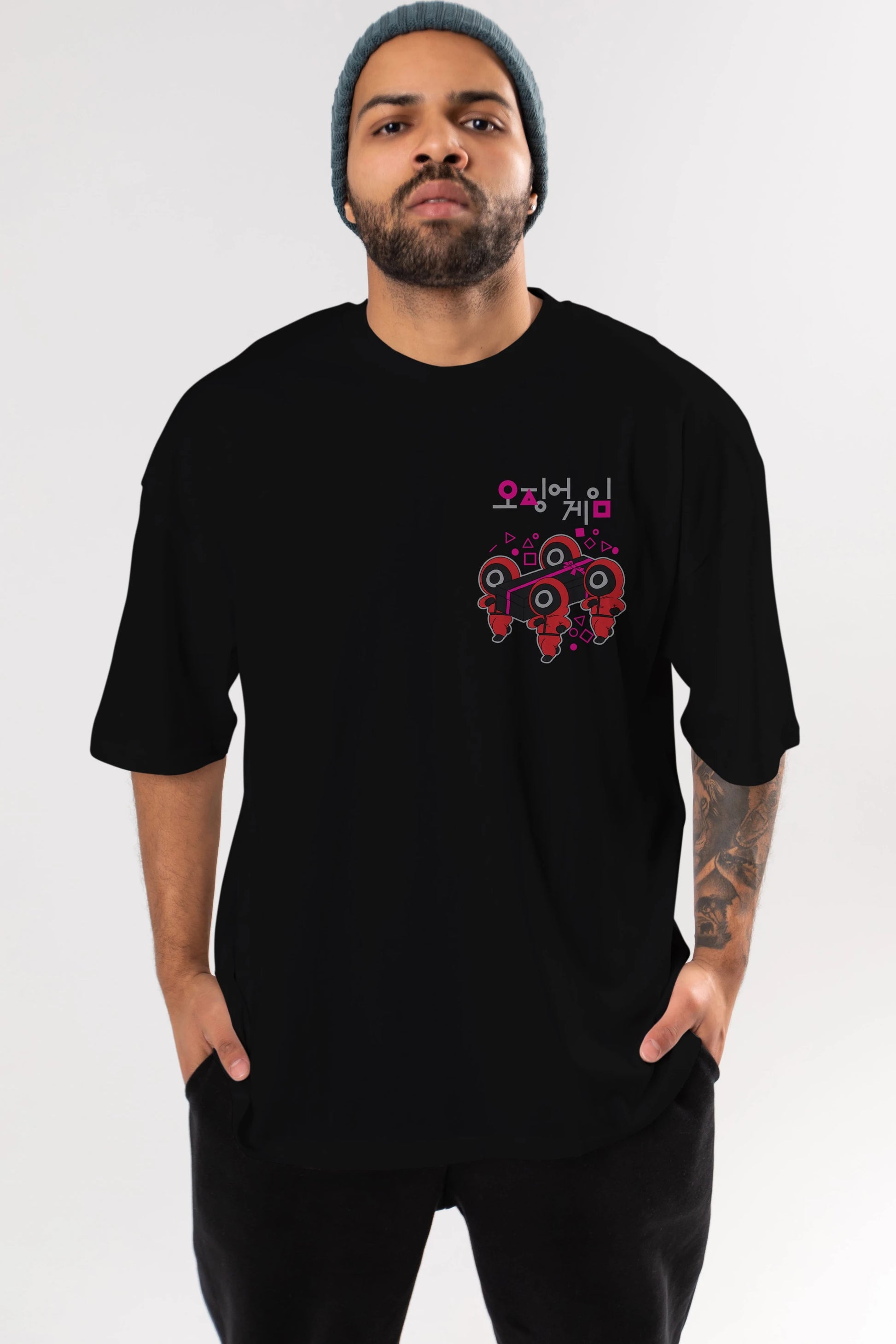 Squid Game (6) Ön Sol Baskılı Oversize t-shirt Erkek Kadın Unisex %100 Pamuk Bisiklet Yaka tişort