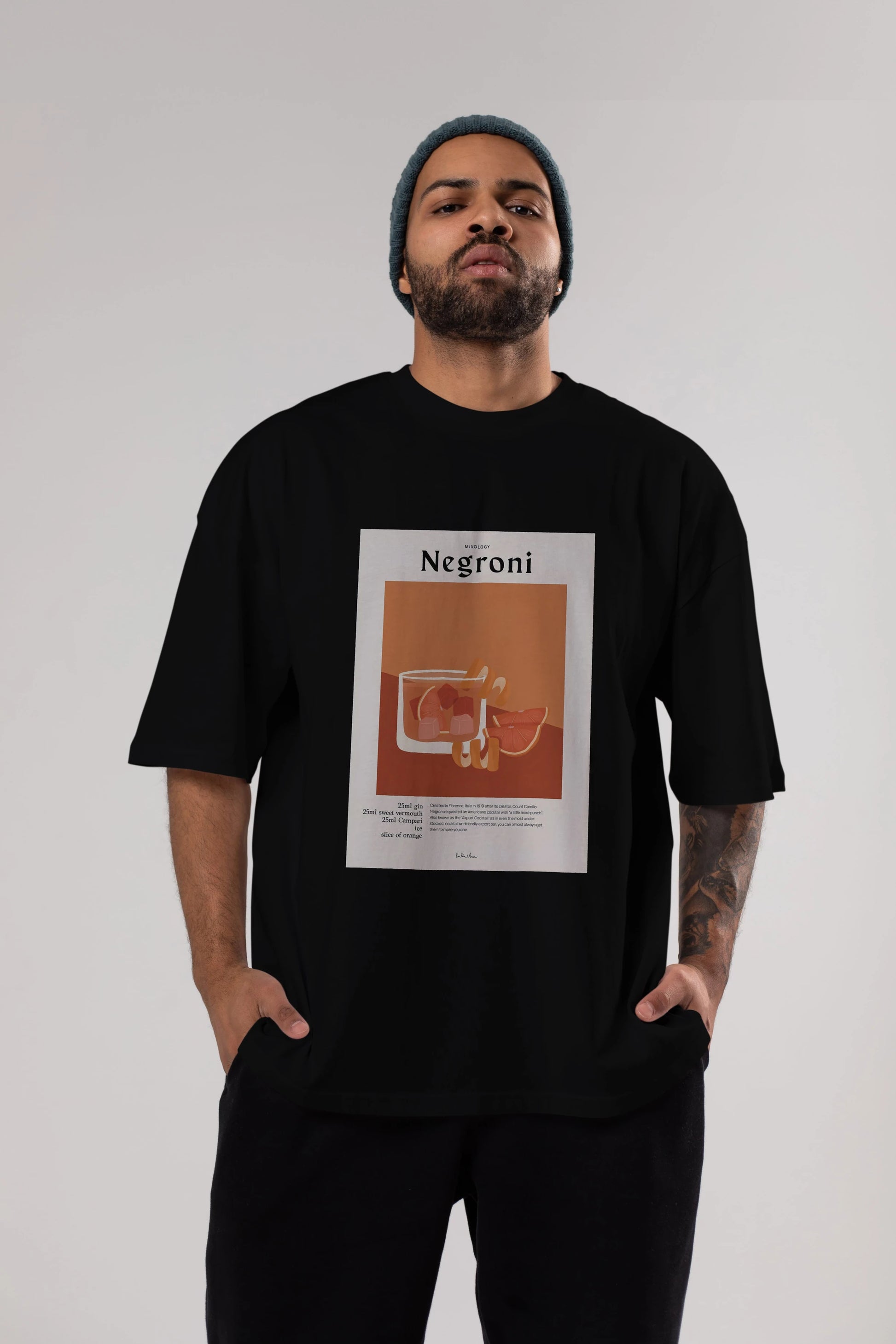 Mixology Negroni Ön Baskılı Oversize t-shirt Erkek Kadın Unisex %100 Pamuk Bisiklet Yaka tişort