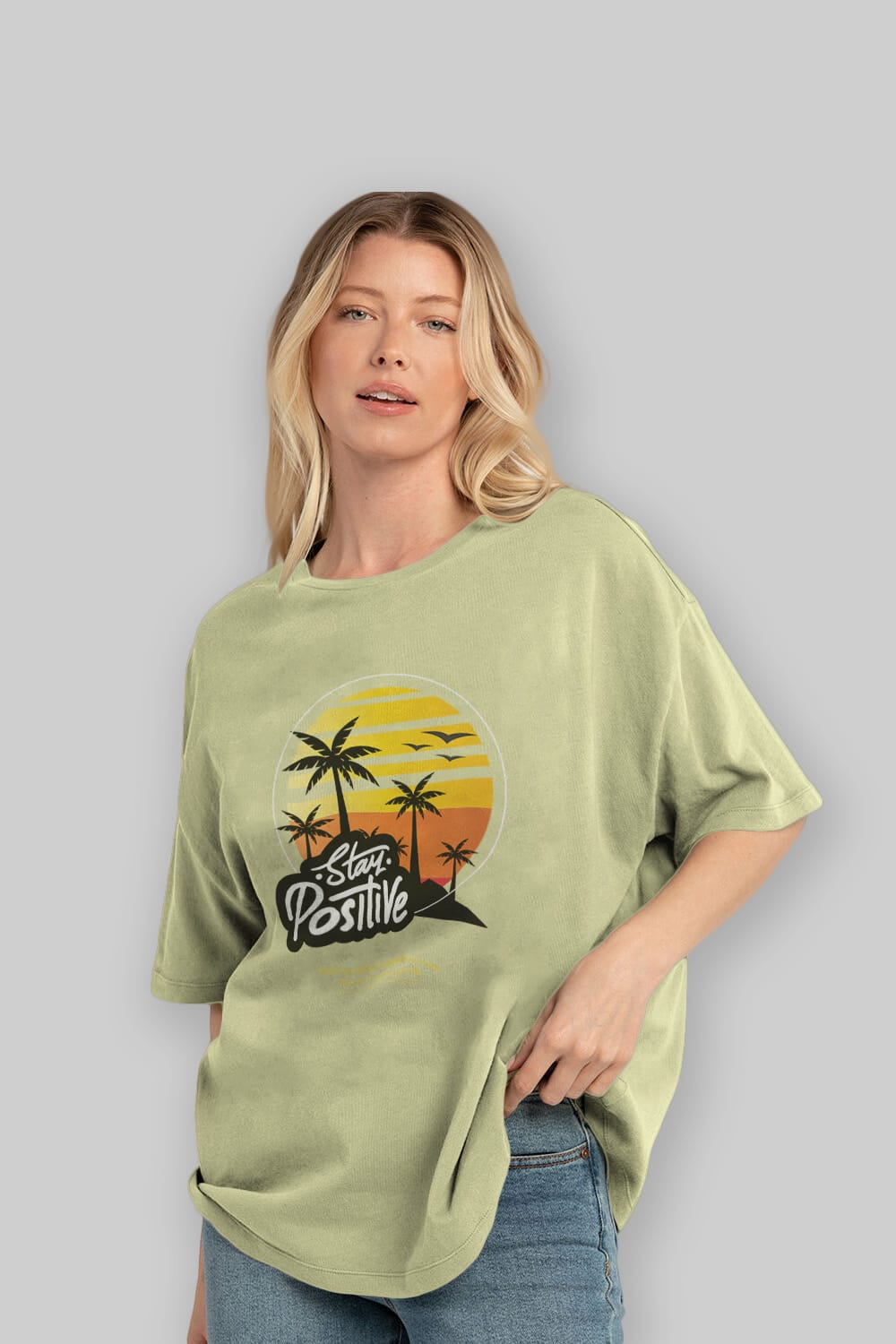 Stay Positive Yazılı Ön Baskılı Oversize t-shirt Erkek Kadın Unisex