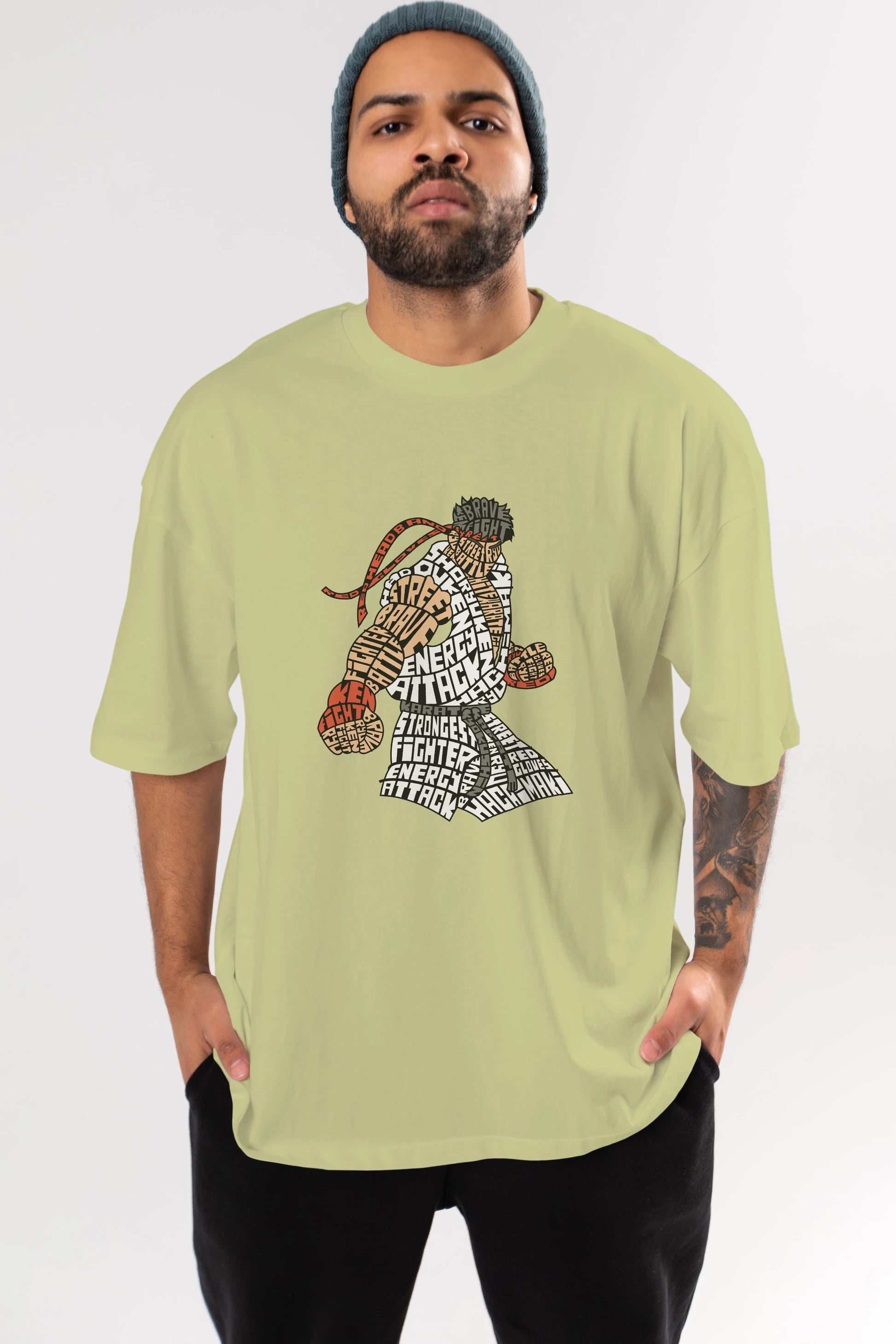 Hadouken Ön Baskılı Oversize t-shirt %100 pamuk Erkek Kadın Unisex