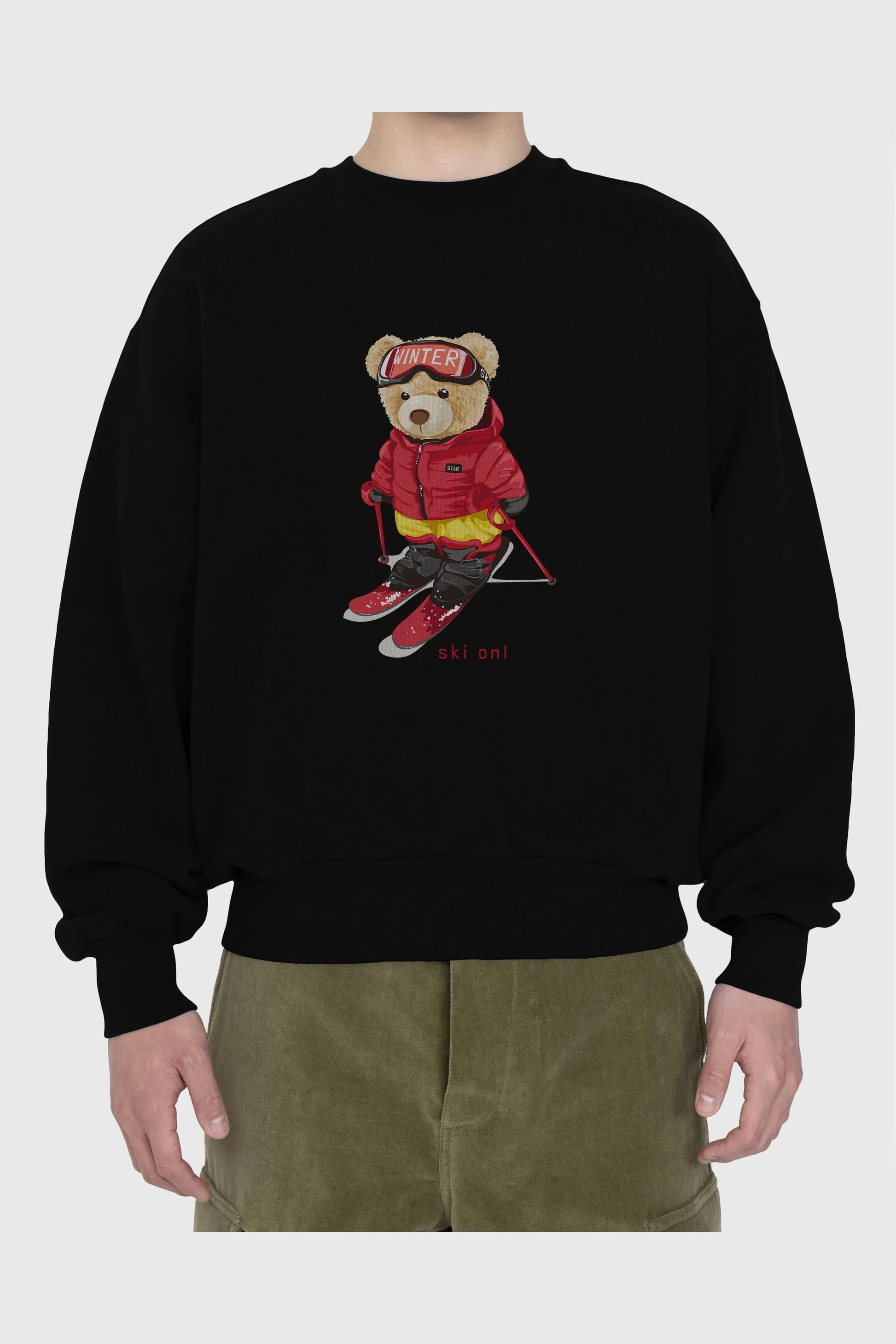 Teddy Bear Ski On Ön Baskılı Oversize Sweatshirt Erkek Kadın Unisex