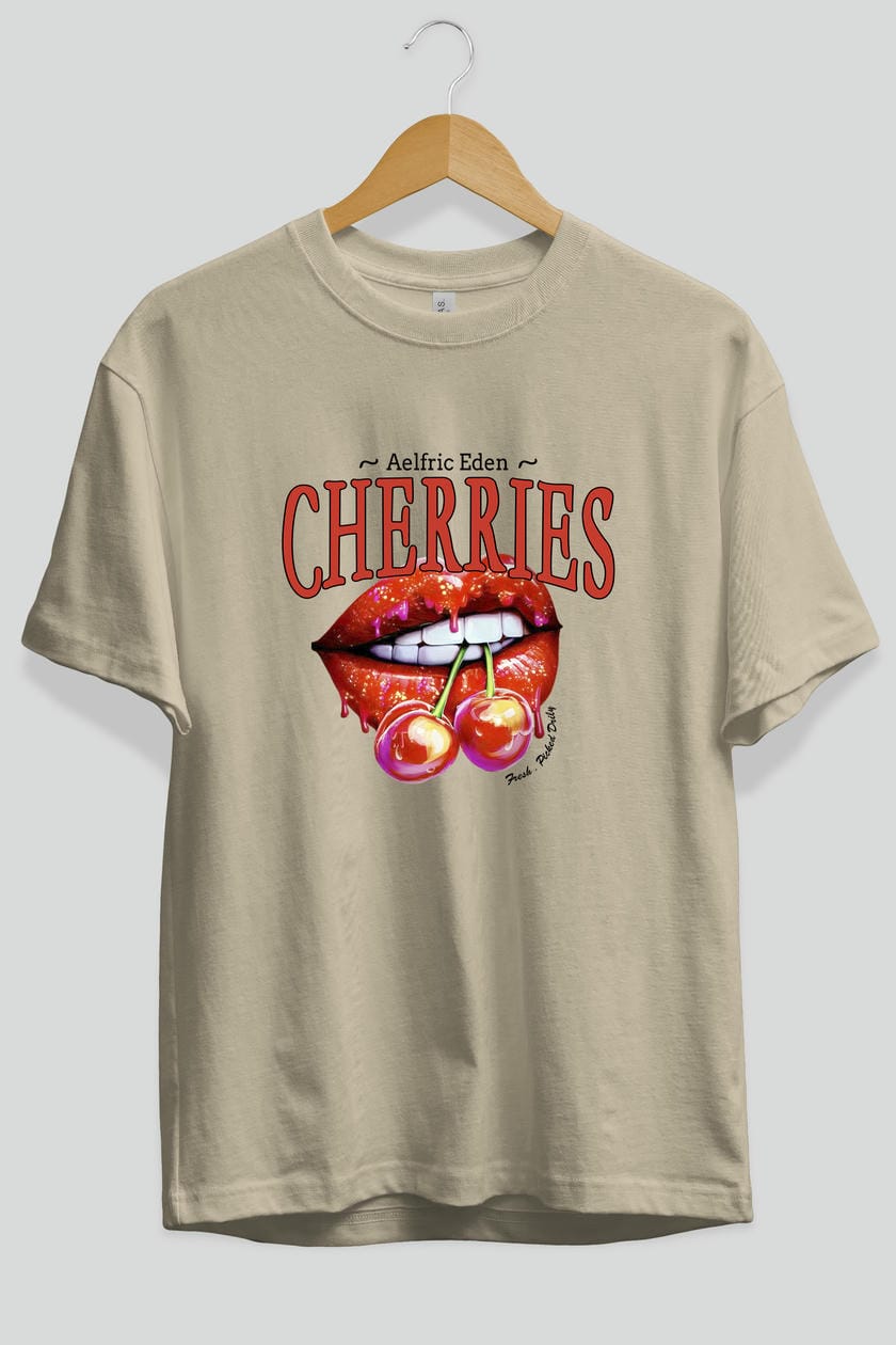 Cherry Cherries 3 Ön Baskılı Oversize t-shirt Erkek Kadın Pamuk Bisiklet Yaka tişort