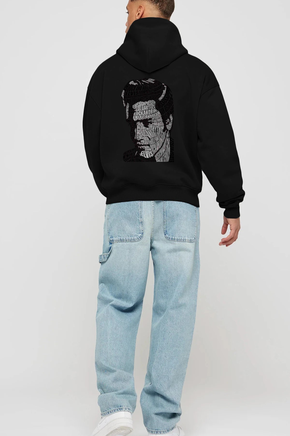 Elvis Presley Calligram Arka Baskılı Hoodie Oversize Kapüşonlu Sweatshirt Erkek Kadın Unisex