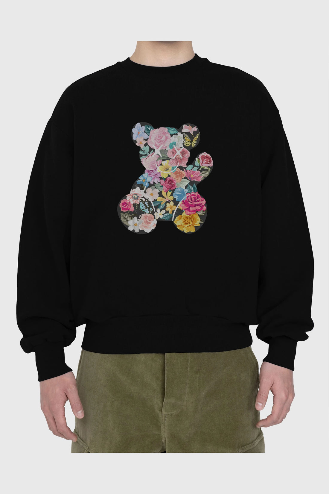 Flowers Bear Ön Baskılı Oversize Sweatshirt Erkek Kadın Unisex