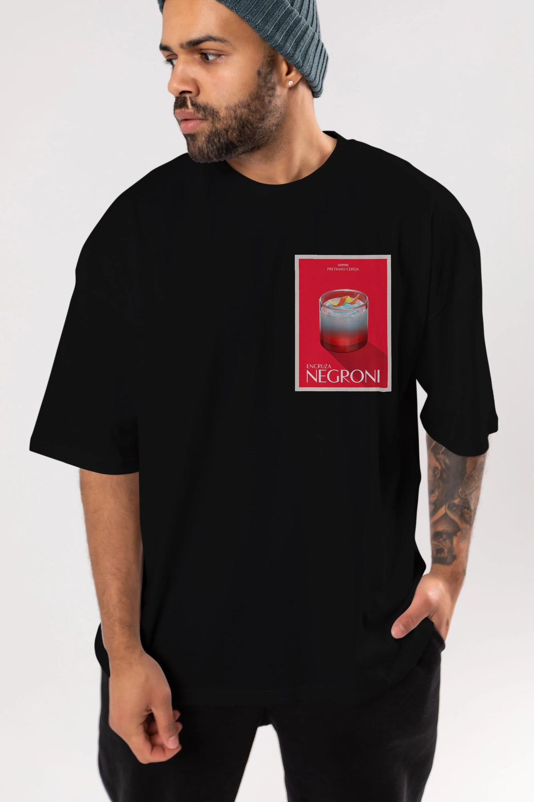 Encruza Negroni Ön Sol Baskılı Oversize t-shirt Erkek Kadın Unisex %100 Pamuk Bisiklet Yaka tişort