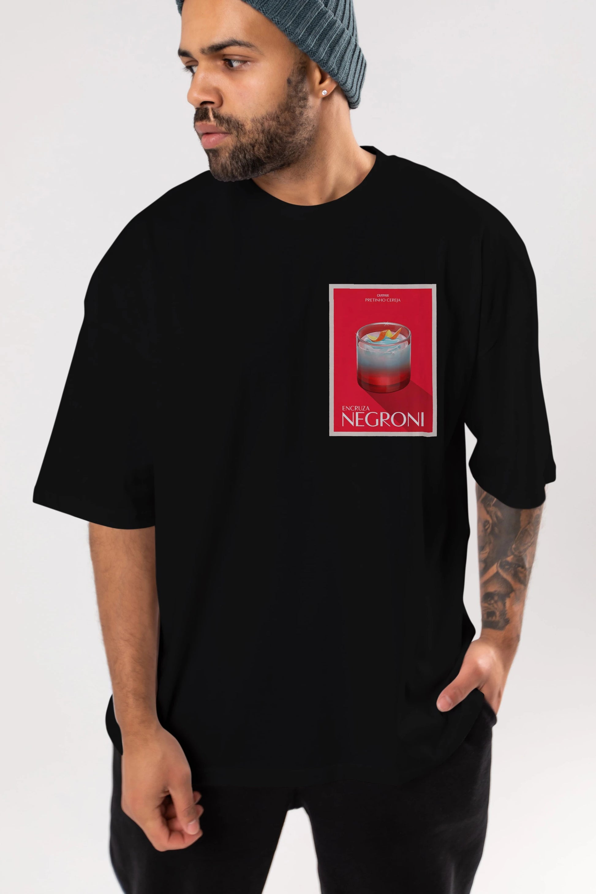 Encruza Negroni Ön Sol Baskılı Oversize t-shirt Erkek Kadın Unisex %100 Pamuk Bisiklet Yaka tişort