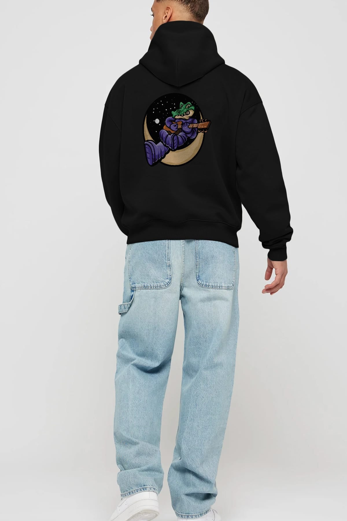 Space Crocodile Arka Baskılı Hoodie Oversize Kapüşonlu Sweatshirt Erkek Kadın Unisex