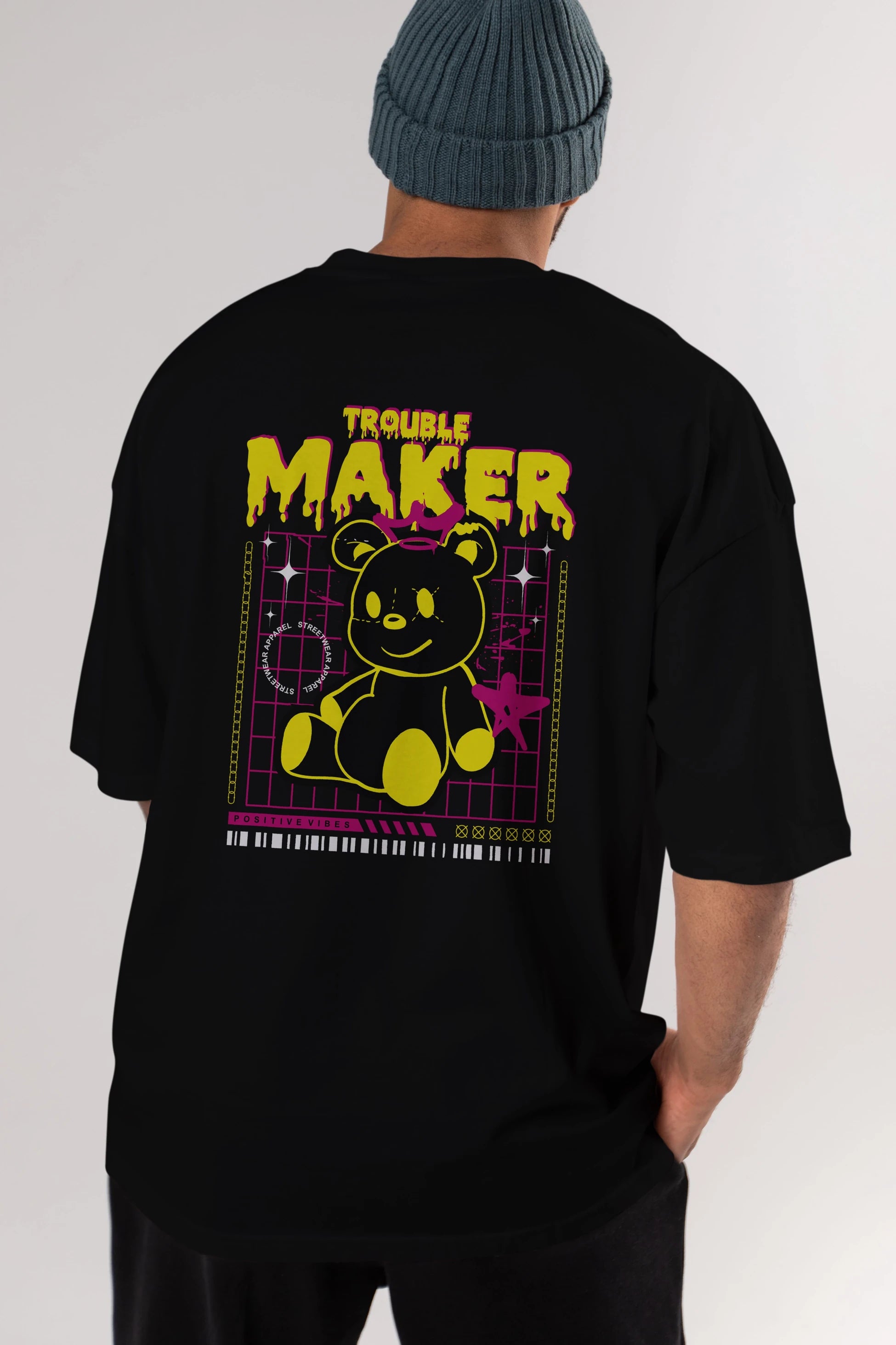 Teddy Bear Trouble Maker Arka Baskılı Oversize t-shirt Erkek Kadın Unisex