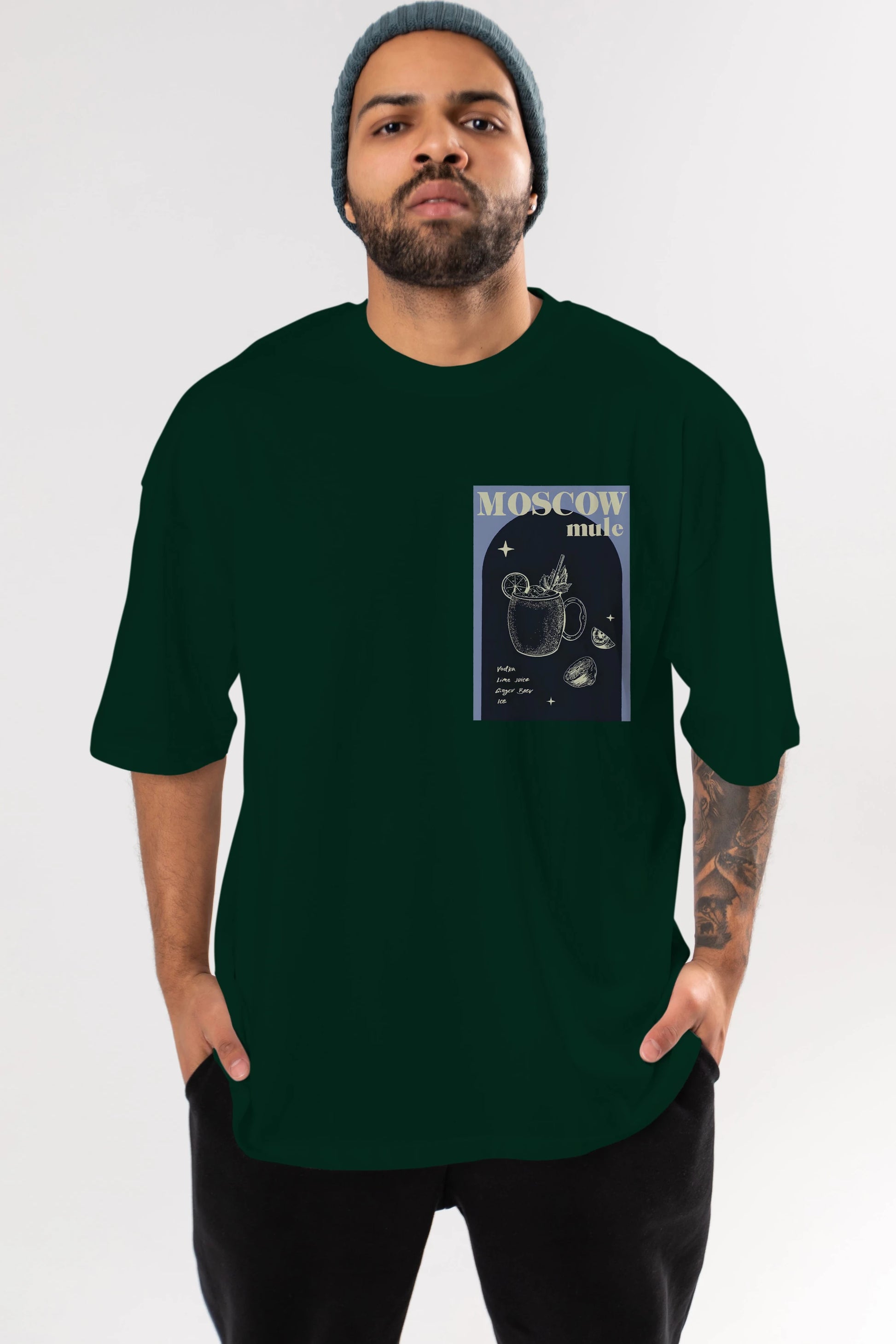 Moscow Mule Ön Sol Baskılı Oversize t-shirt Erkek Kadın Unisex %100 Pamuk Bisiklet Yaka tişort
