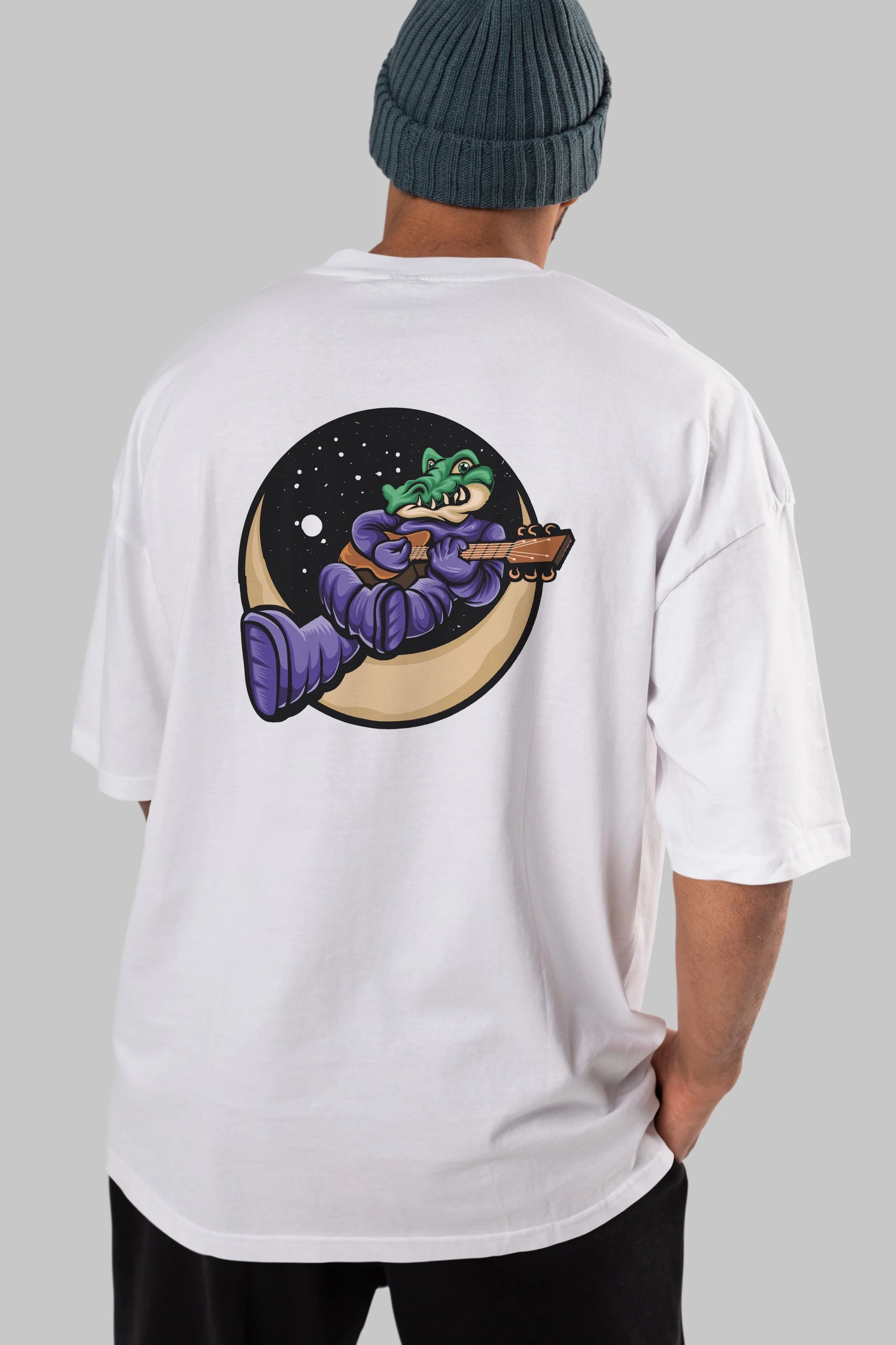 Space Crocodile Arka Baskılı Oversize t-shirt Erkek Kadın Unisex