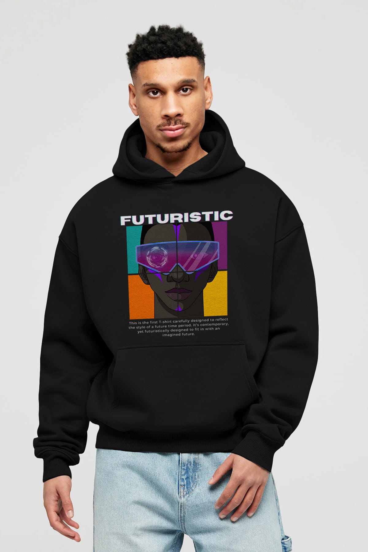 Futuristic Streetwear Ön Baskılı Oversize Hoodie Kapüşonlu Sweatshirt Erkek Kadın Unisex