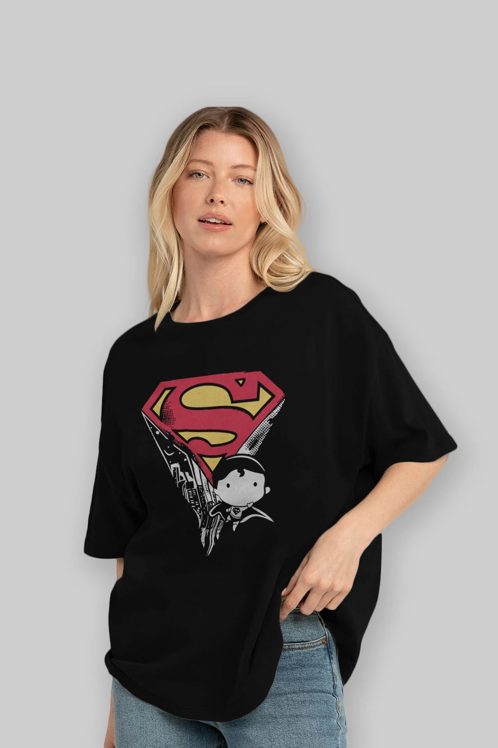 Superman Ön Baskılı Oversize t-shirt Erkek Kadın Unisex %100 Pamuk Bisiklet Yaka tişort