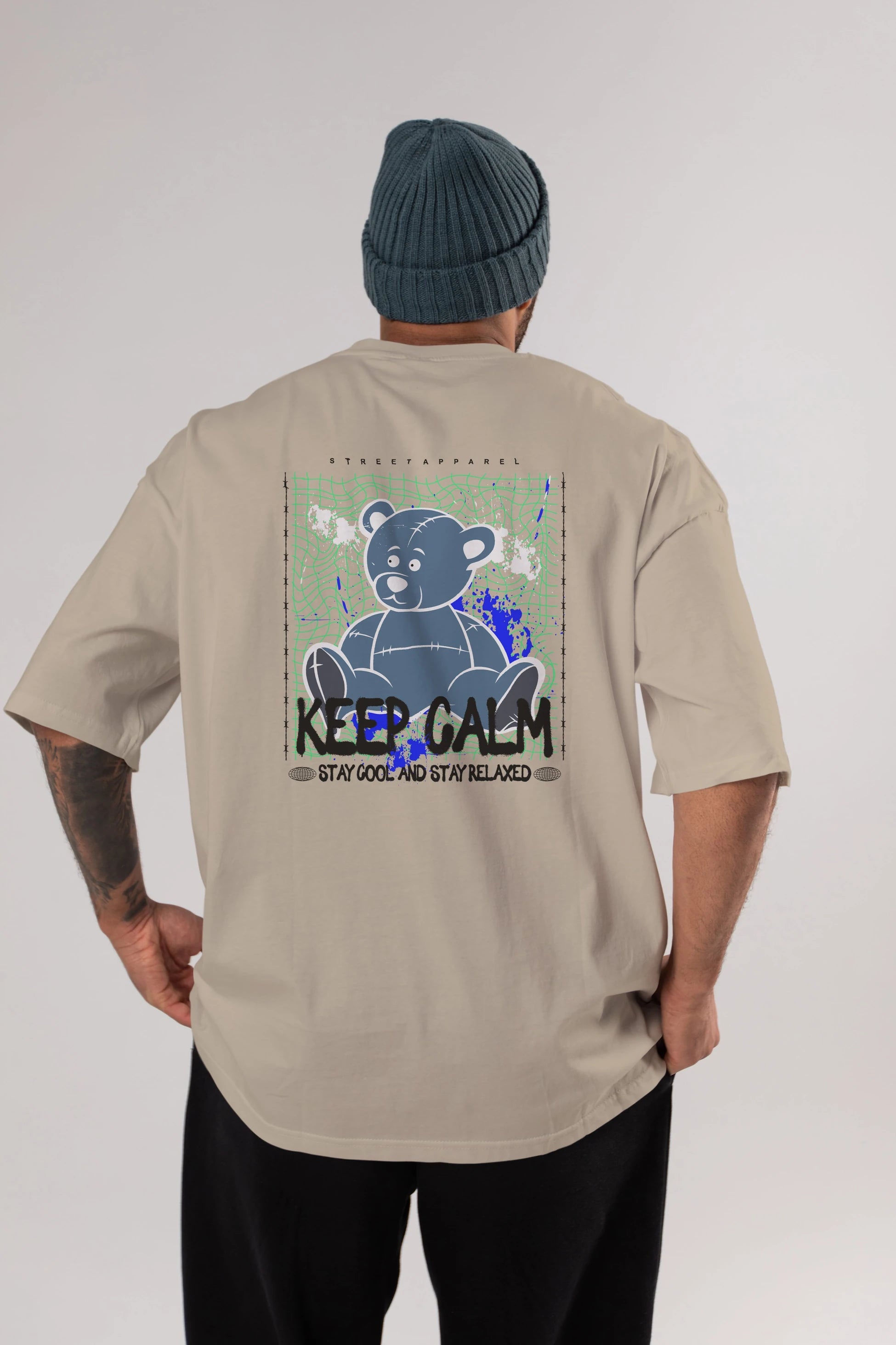 Keep Calm Bear Arka Baskılı Oversize t-shirt Erkek Kadın Unisex