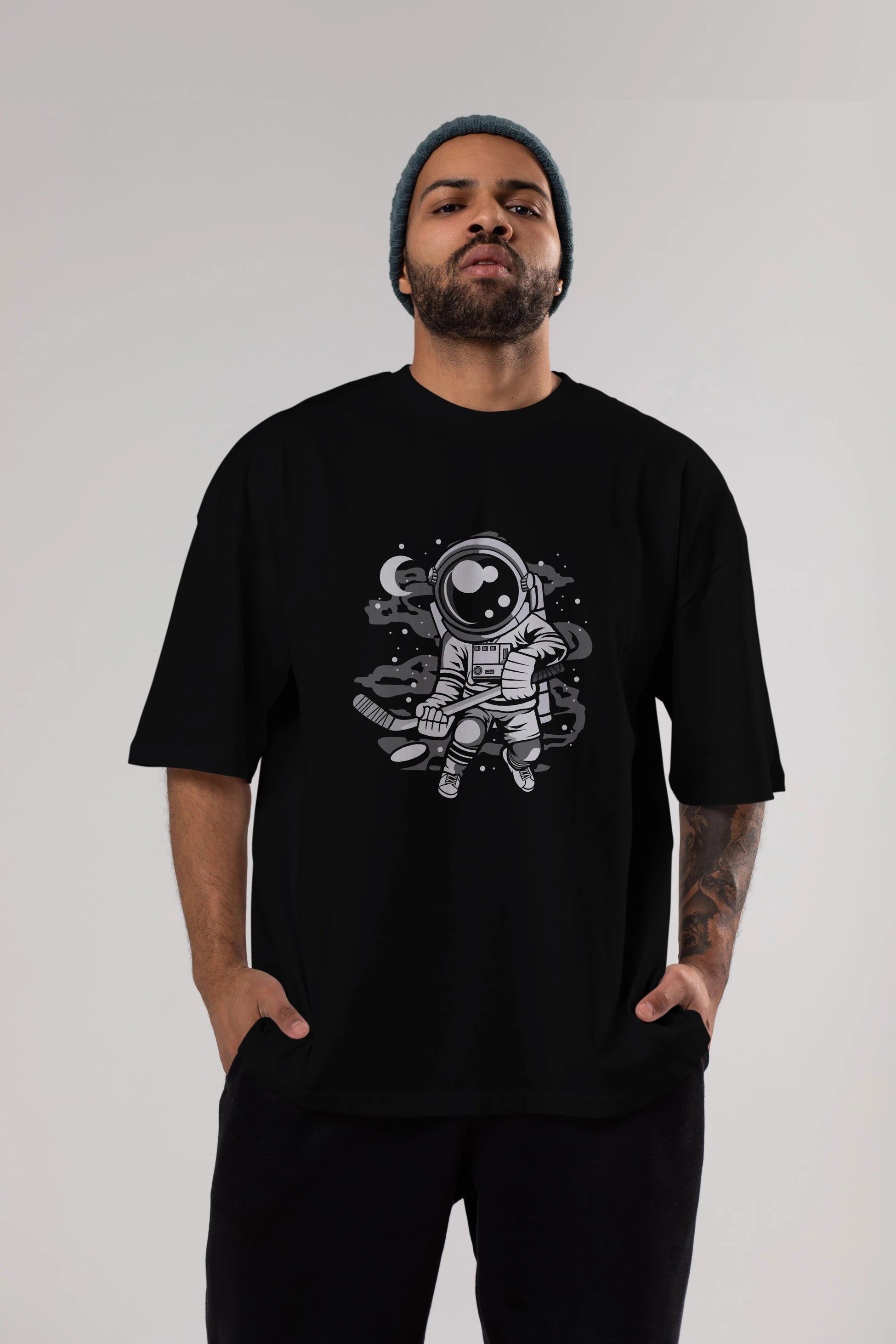 Hockey Player Astronaut Ön Baskılı Oversize t-shirt Erkek Kadın Unisex