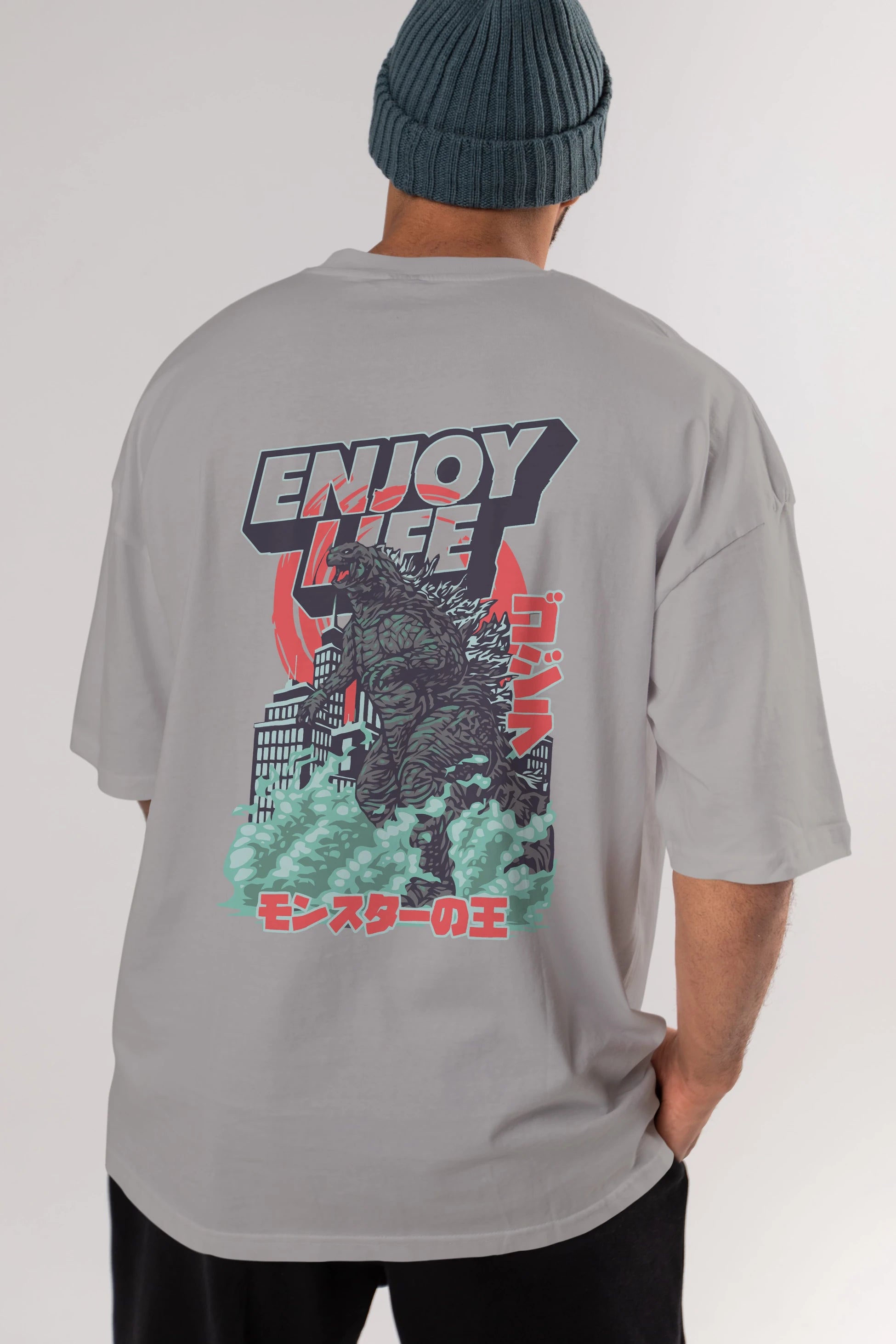 Godzilla Arka Baskılı Oversize t-shirt Erkek Kadın Unisex %100 Pamuk Bisiklet Yaka tişort