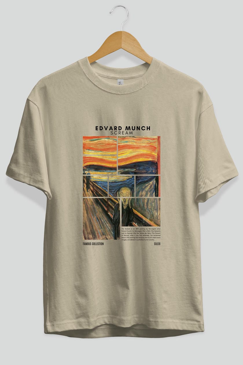 Edvard Munch Scream ön Baskılı Oversize t-shirt Erkek Kadın Bisiklet Yaka Pamuk tişort
