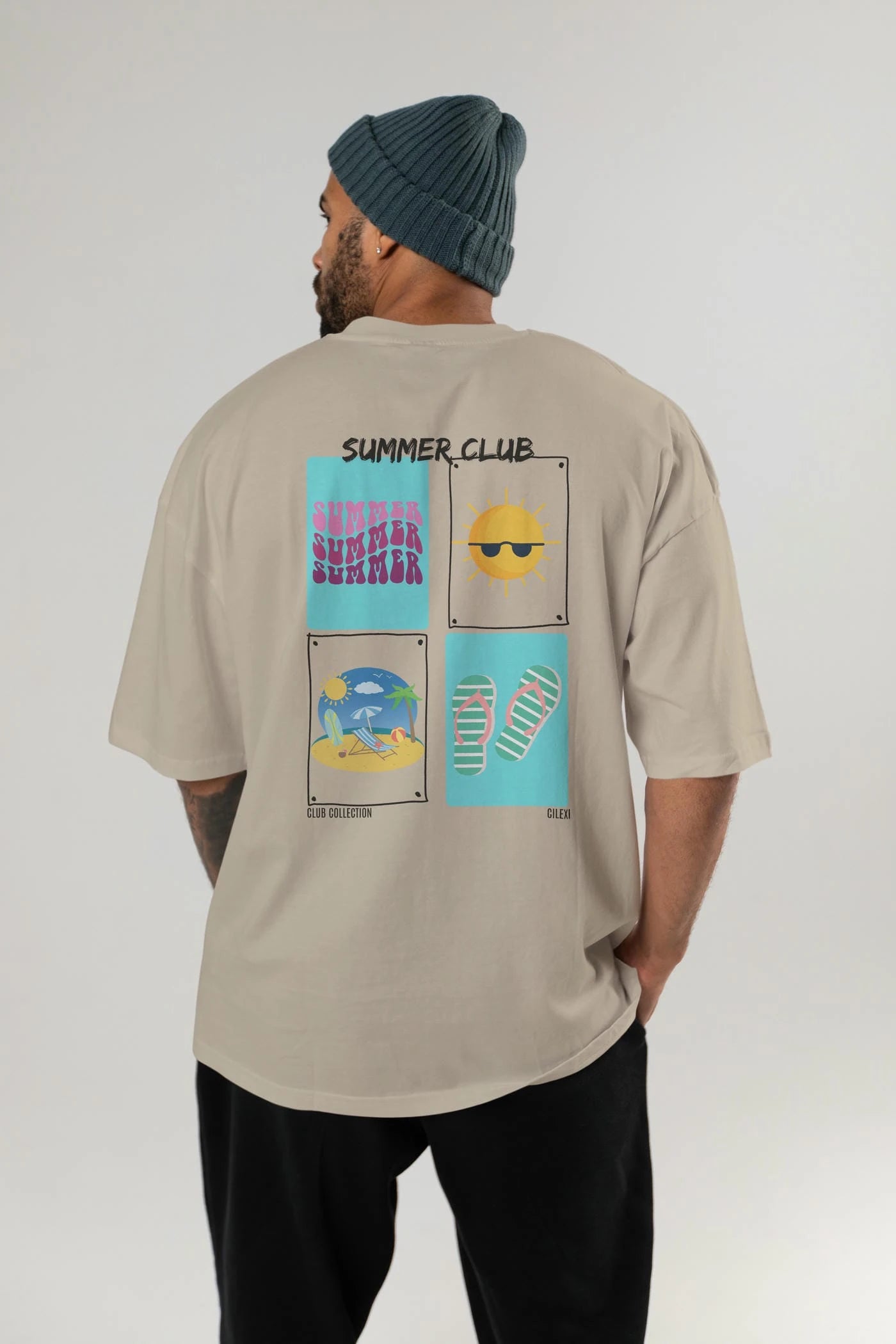 Summer Club Arka Baskılı Oversize t-shirt Erkek Kadın %100 Pamuk Bisiklet Yaka tişort