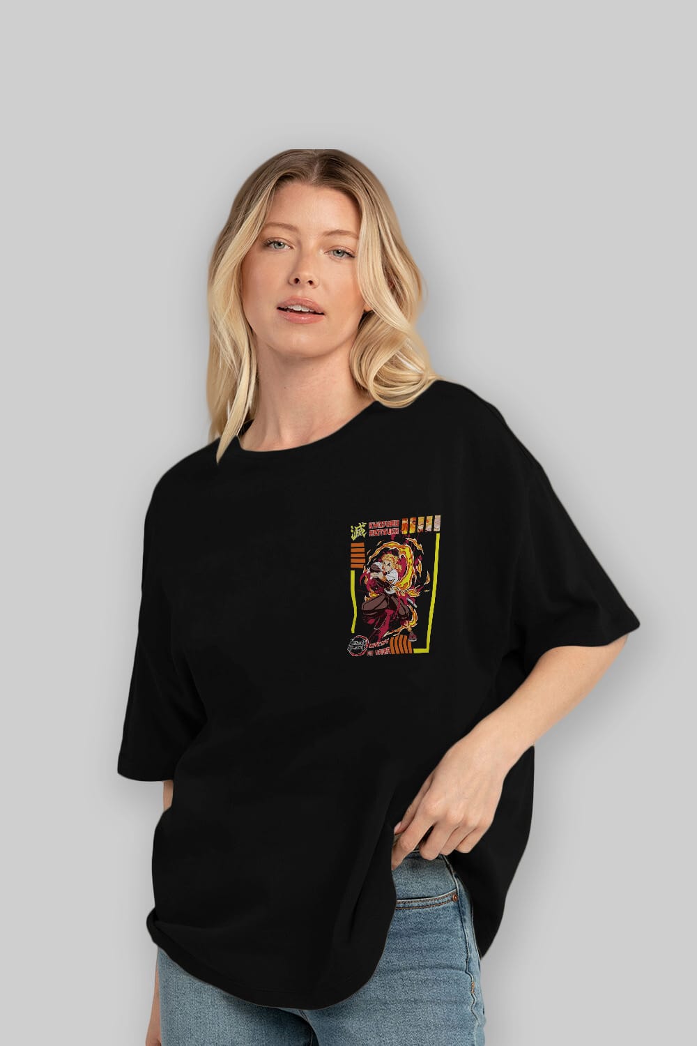 KYOJURO RENGOKU Ön Sol Baskılı Oversize t-shirt Erkek Kadın Unisex %100 Pamuk Bisiklet Yaka tişort