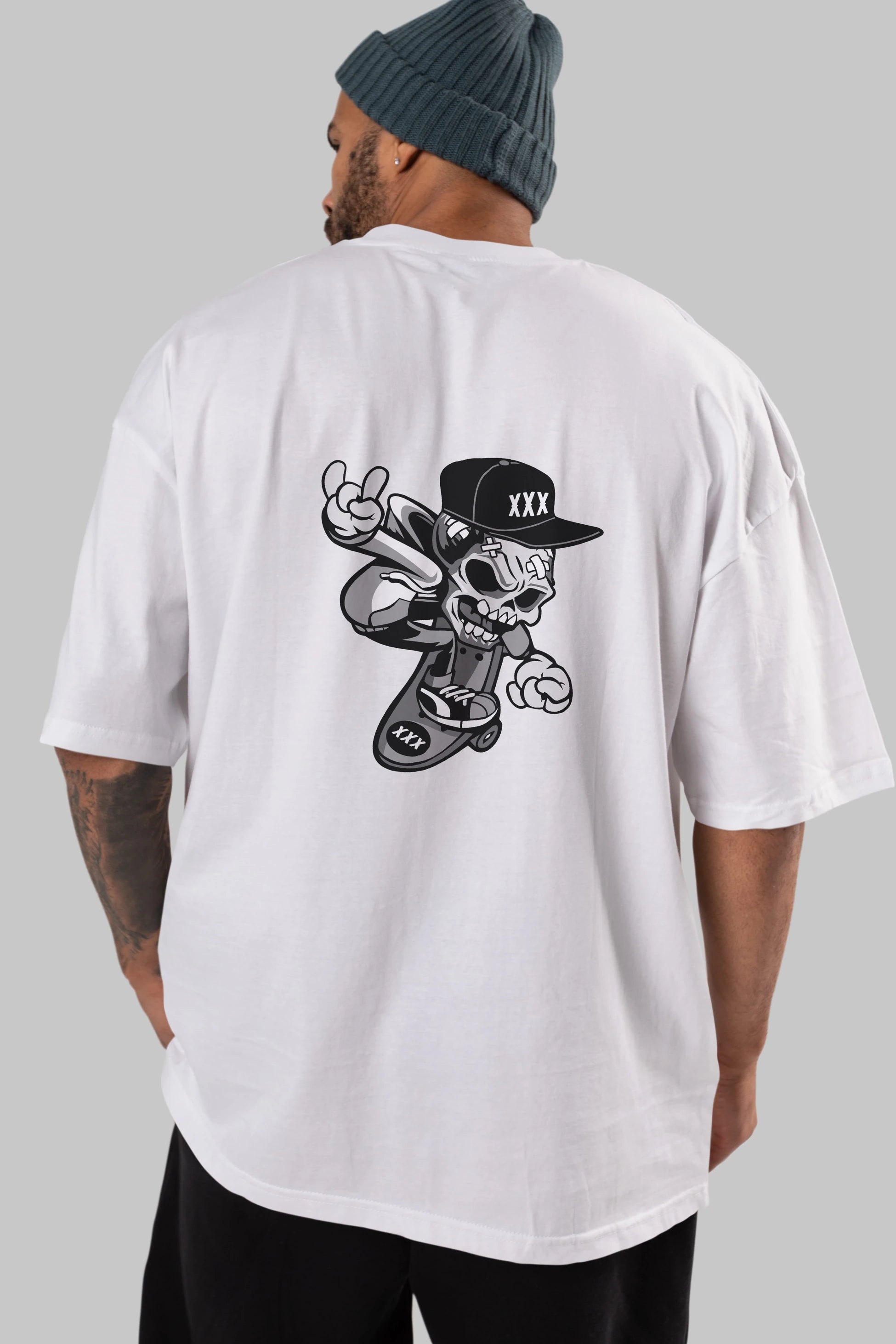 Skull Skateboard Arka Baskılı Oversize t-shirt Erkek Kadın Unisex %100 Pamuk tişort