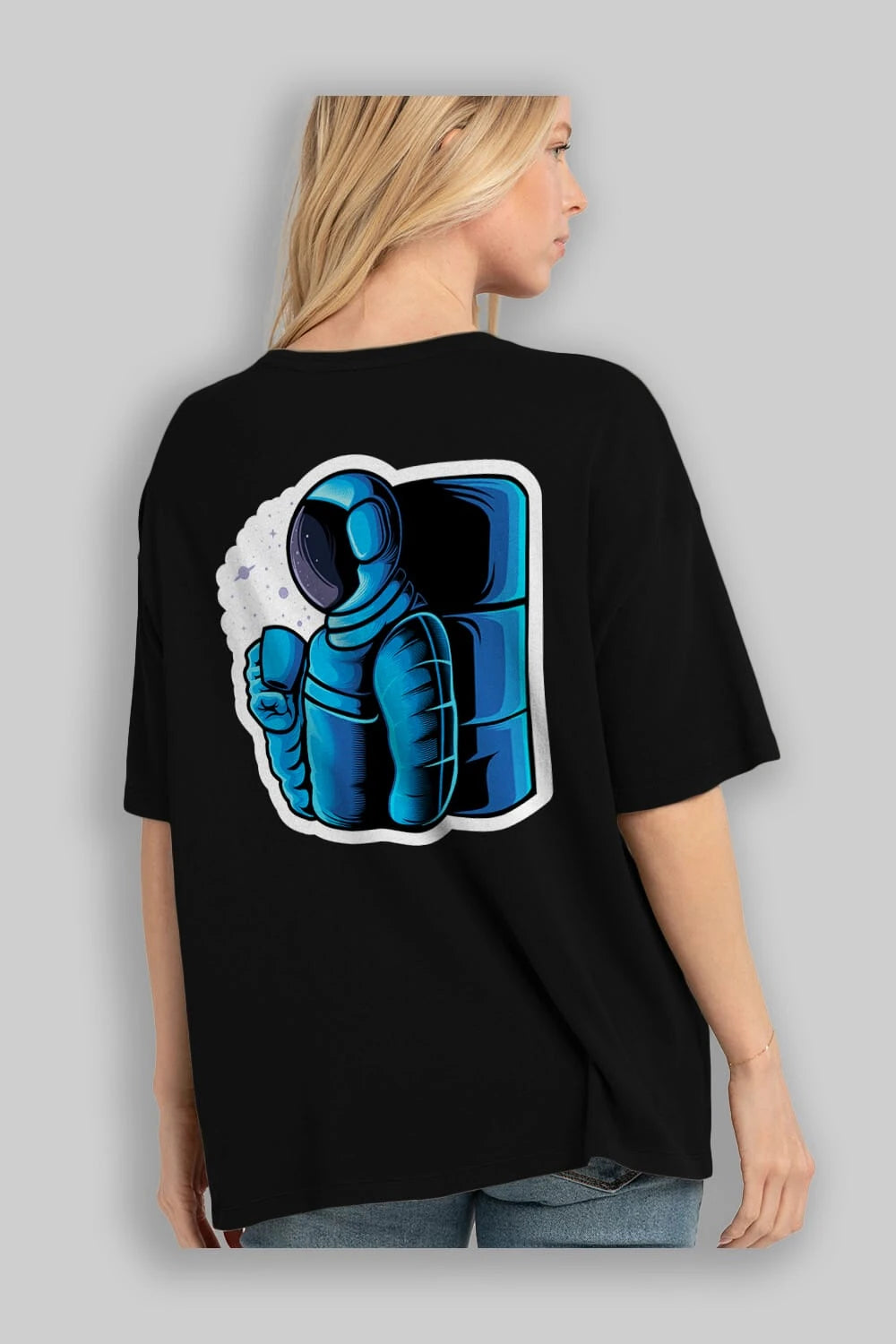 Drinking coffee in space sticker Arka Baskılı Oversize t-shirt Erkek Kadın Unisex