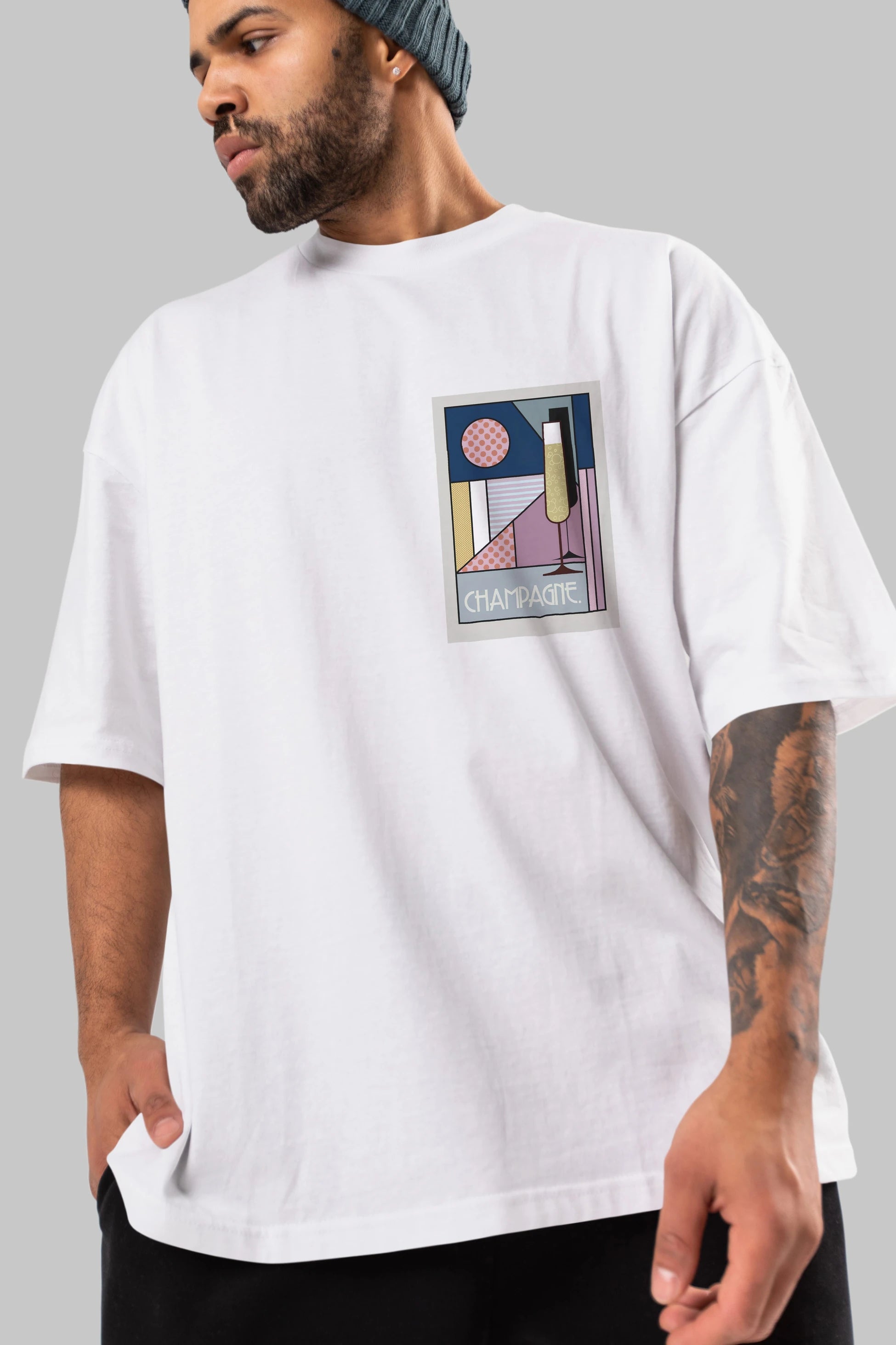 Champagne Ön Sol Baskılı Oversize t-shirt Erkek Kadın Unisex %100 Pamuk Bisiklet Yaka tişort