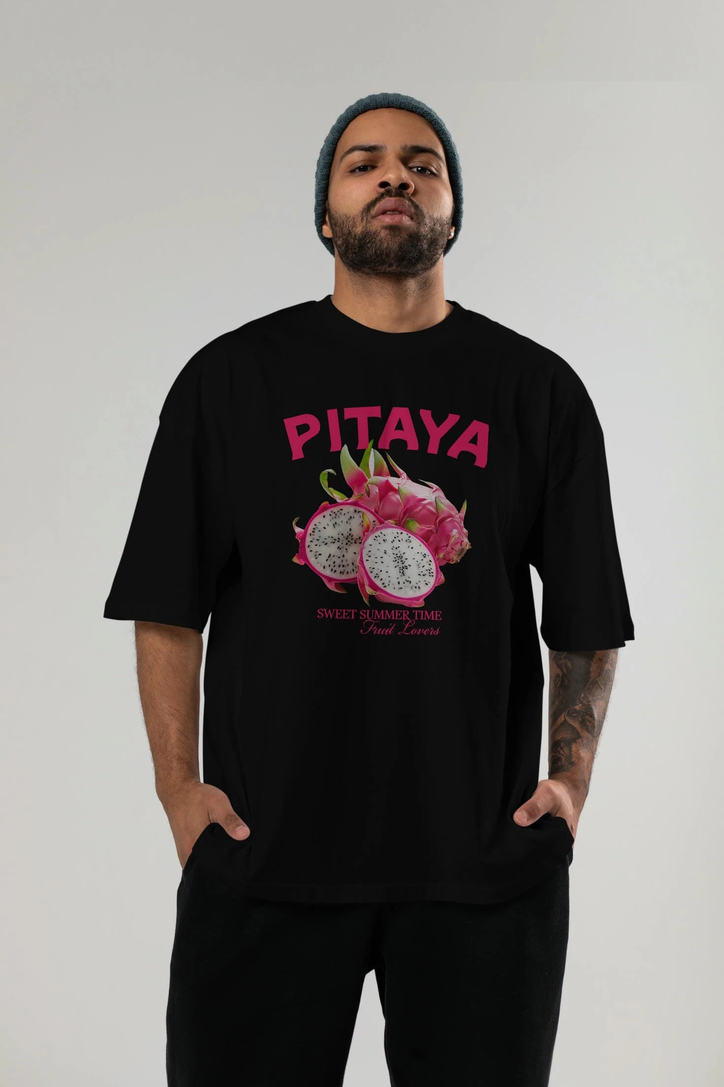 Pitaya Ön Baskılı Oversize t-shirt Erkek Kadın Pamuk Bisiklet Yaka tişort
