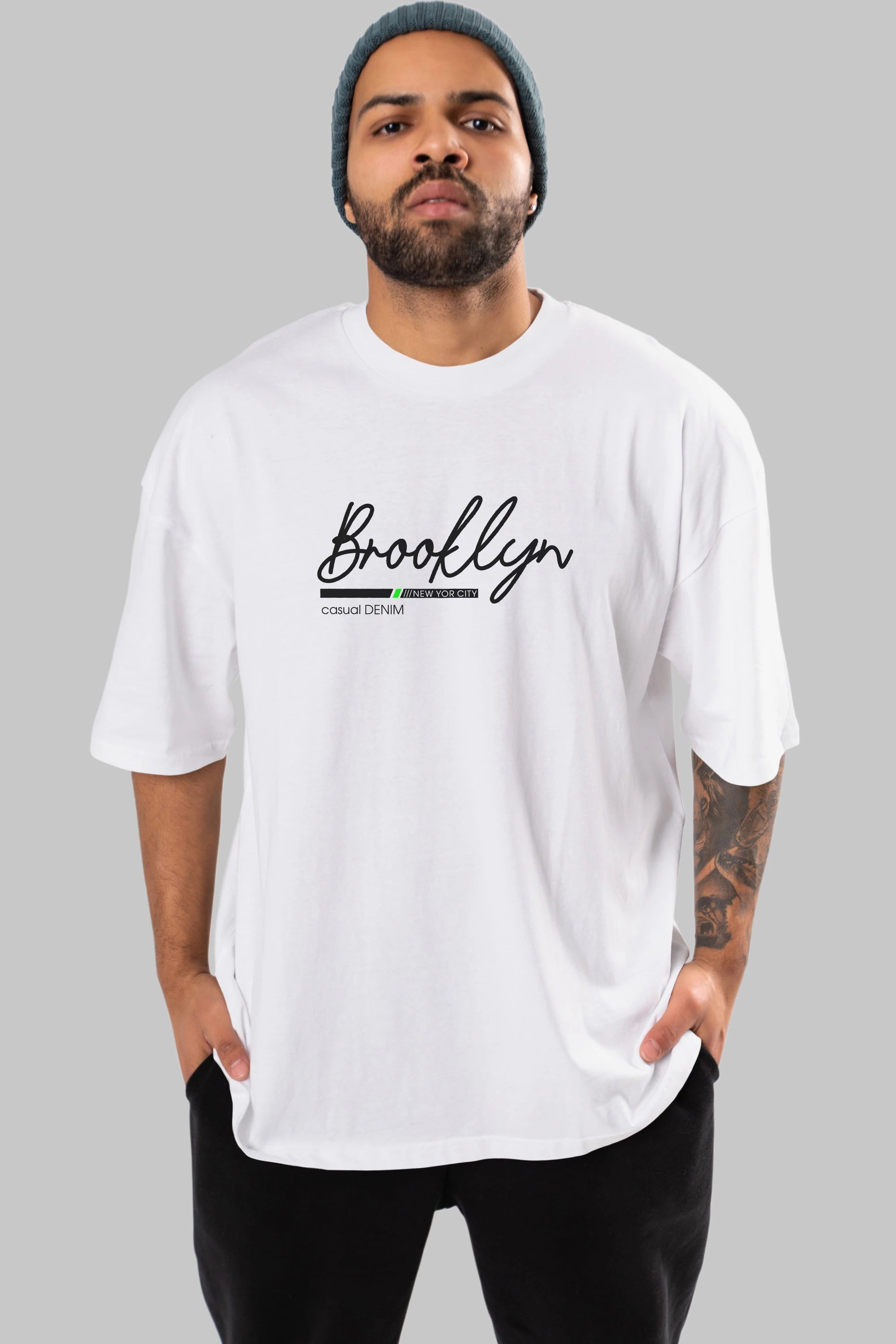 Brooklyn Denim Ön Baskılı Oversize t-shirt Erkek Kadın Unisex