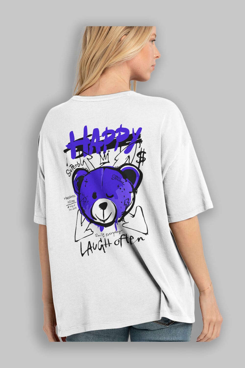 Happy Bear Arka Baskılı Oversize t-shirt Erkek Kadın Unisex