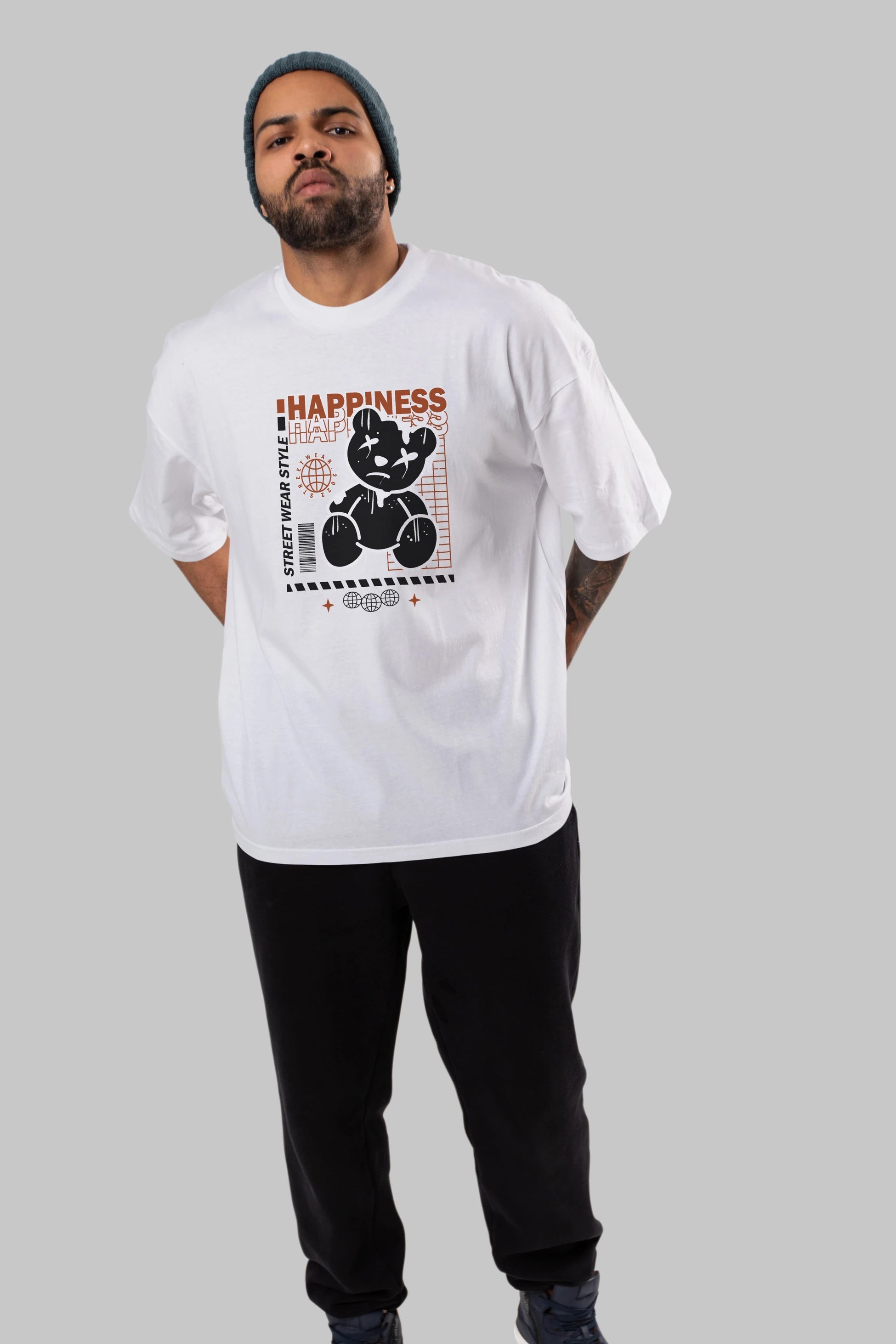 Happiness Bear 2 Ön Baskılı Oversize t-shirt Erkek Kadın Unisex