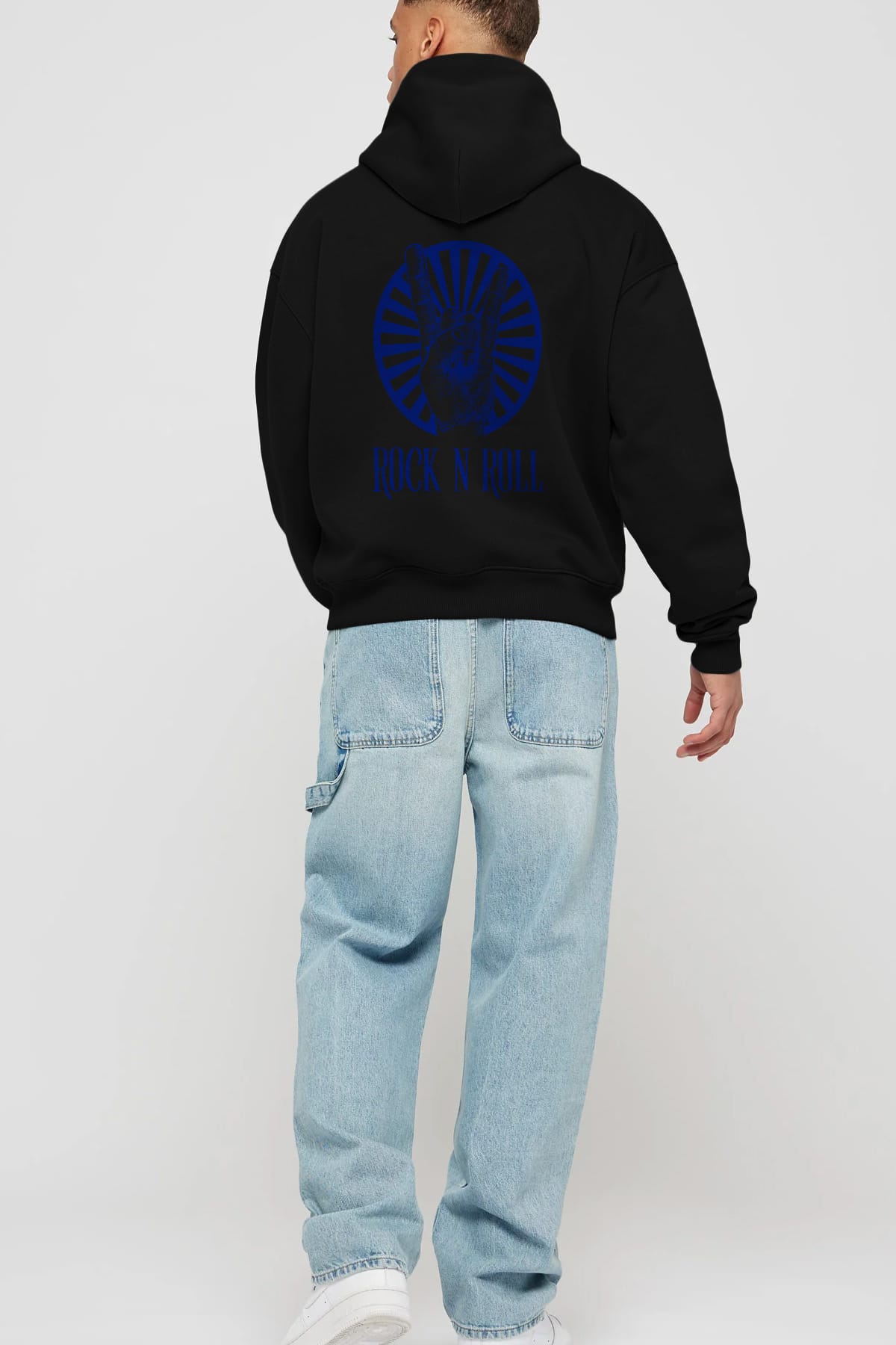 Rock N Roll Yazılı Arka Baskılı Oversize Hoodie Kapüşonlu Sweatshirt Erkek Kadın Unisex