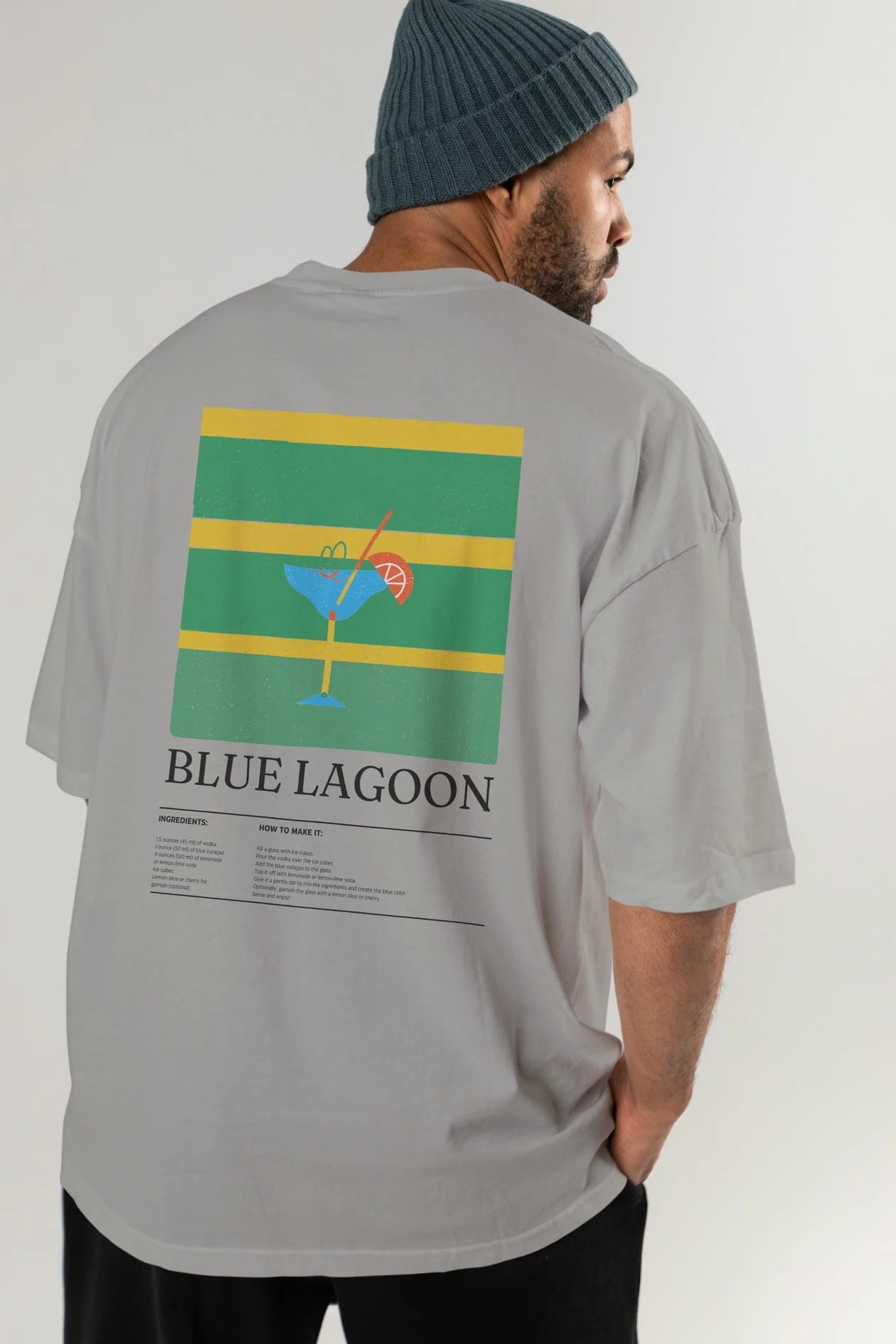 Blue Lagoon Kokteyl Serisi Arka Baskılı Oversize t-shirt Erkek Kadın %100 Pamuk Bisiklet Yaka tişort