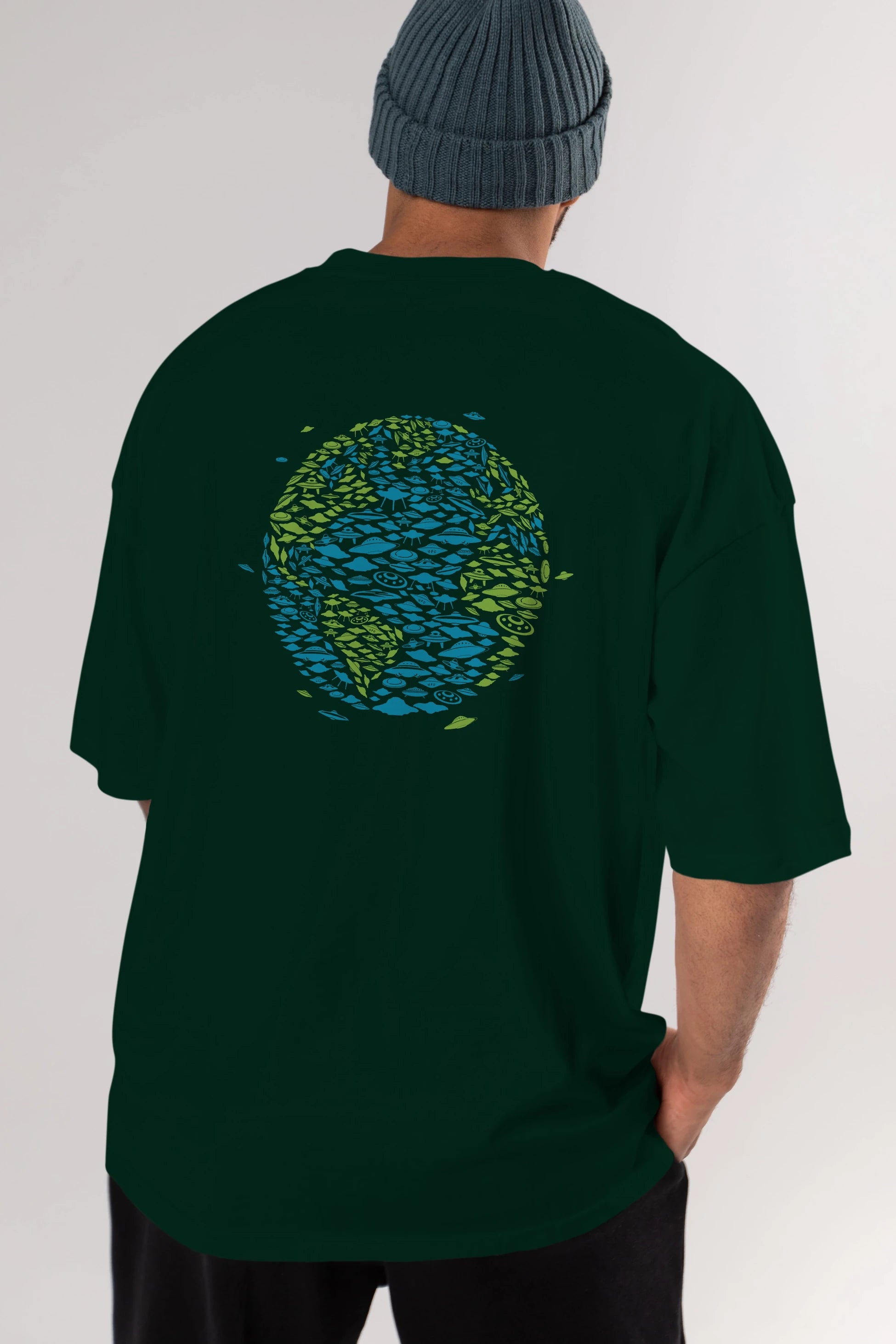 UFO Invasion Arka Baskılı Oversize t-shirt %100 pamuk Erkek Kadın Unisex