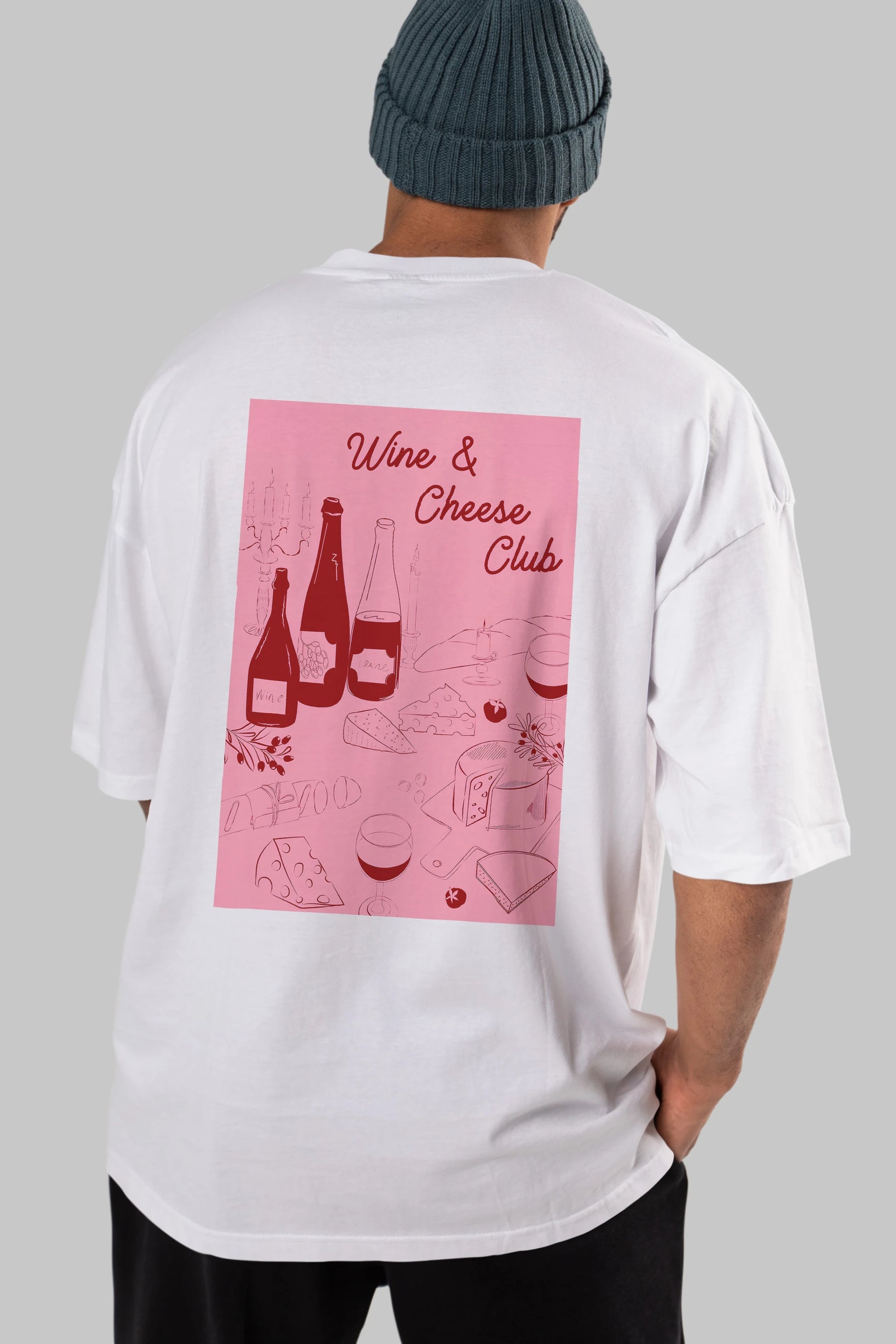 Wine Cheese Club Arka Baskılı Oversize t-shirt Erkek Kadın Unisex %100 Pamuk Bisiklet Yaka tişort