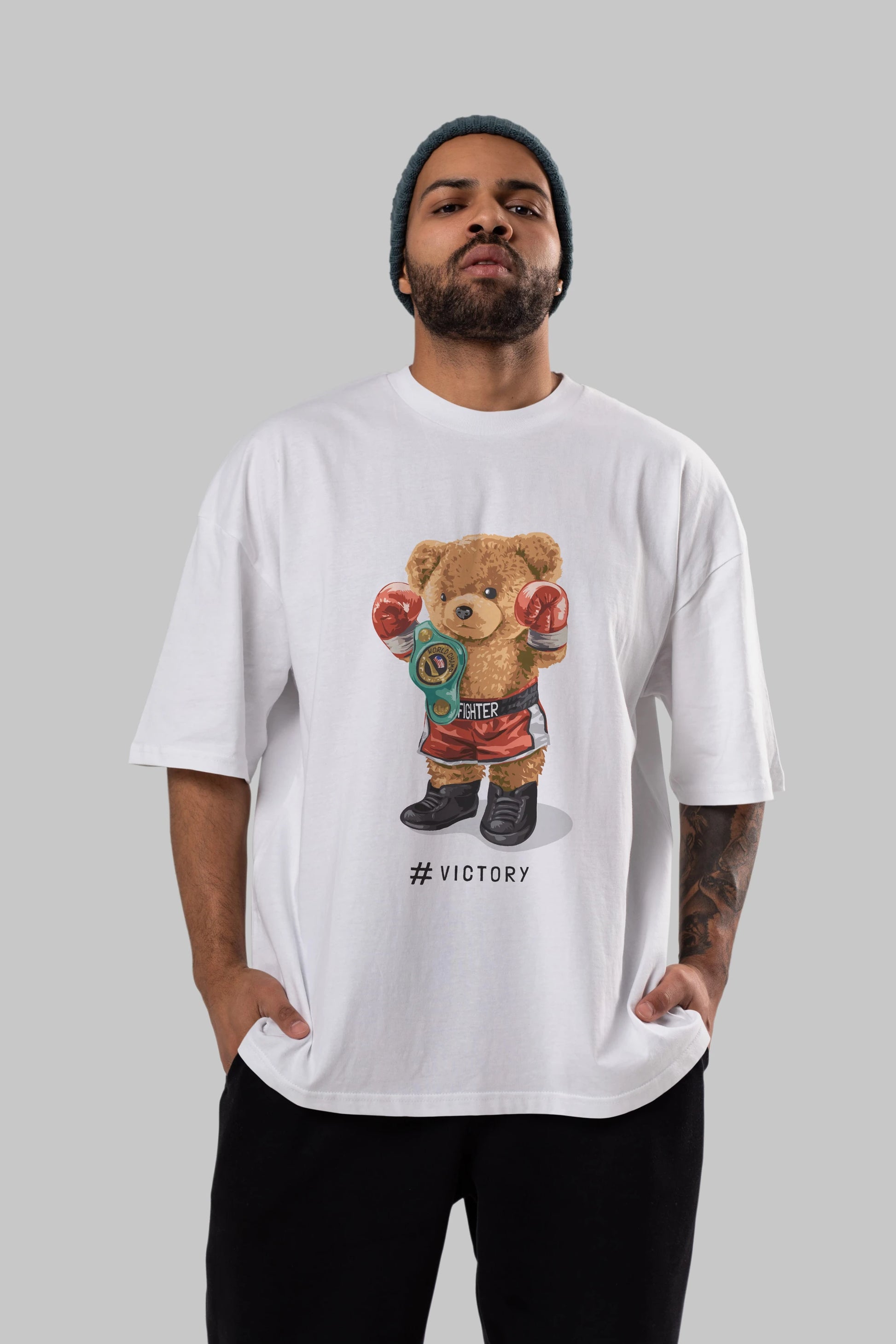 Teddy Bear Victory Ön Baskılı Oversize t-shirt Erkek Kadın Unisex %100 Pamuk